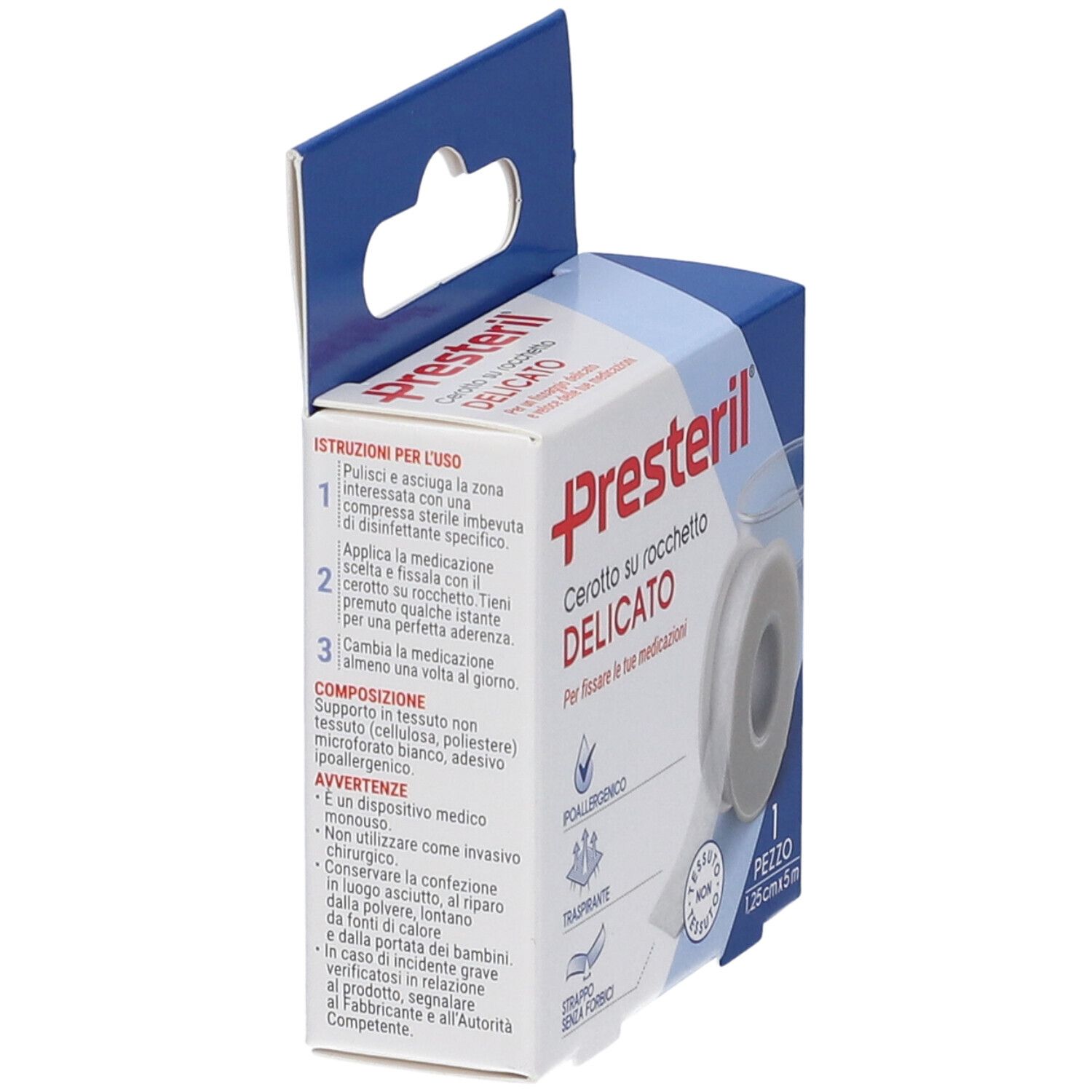 Presteril Cerotto su Rocchetto Verpackung. Seite mit Gebrauchsanweisung. Pflasterrolle sichtbar. Kartonverpackung mit Aufhänger.
