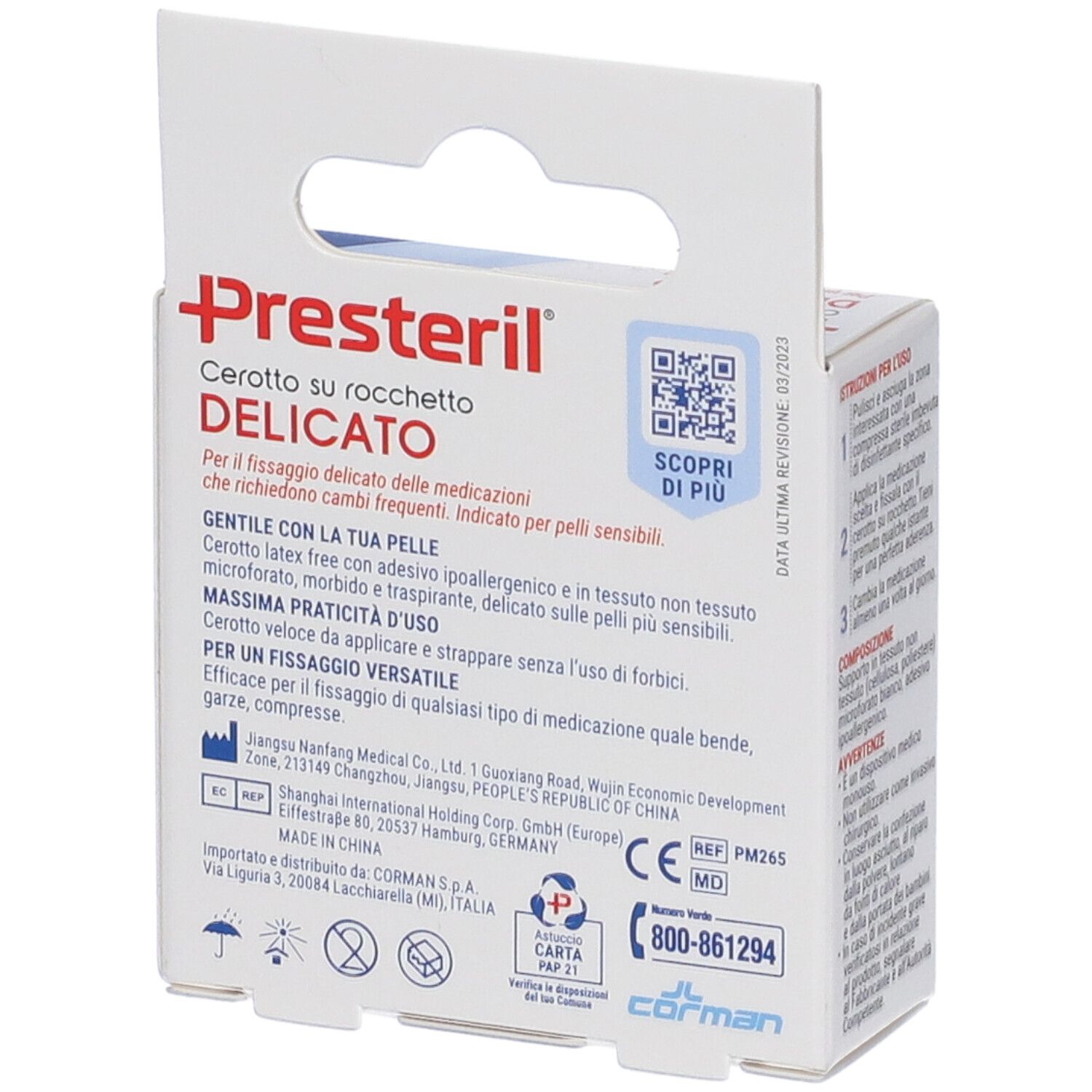 Rückseite der Presteril Cerotto su Rocchetto Verpackung. Produktinformationen, QR-Code. CE-Kennzeichnung, Herstellerinformationen.