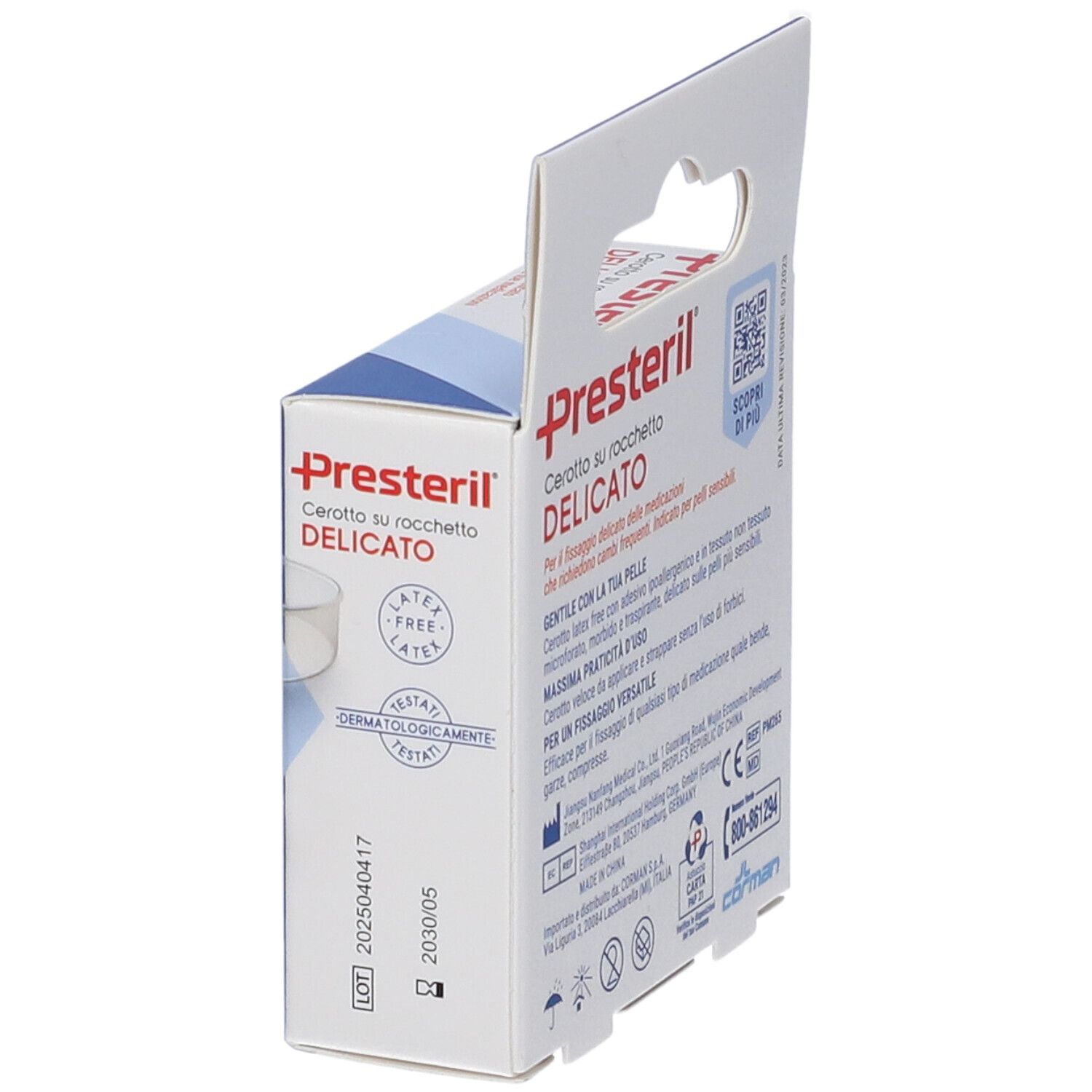 Presteril Cerotto su Rocchetto Verpackung. Seite mit Produktinformationen. Pflasterrolle sichtbar. Kartonverpackung mit Aufhänger.