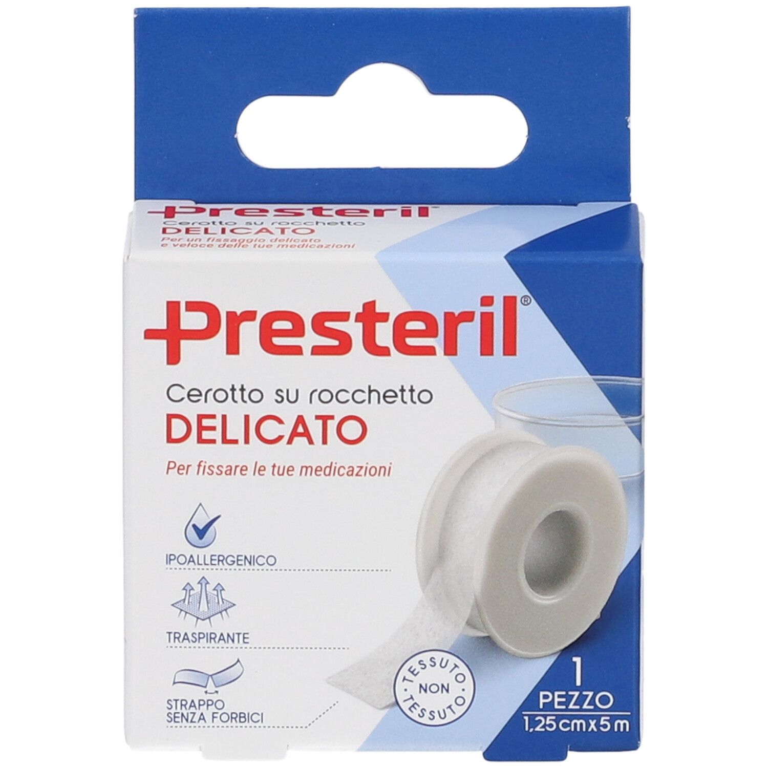 Presteril Cerotto su Rocchetto Verpackung. Rolle Pflaster, 1,25cm x 5m. Weißes Pflaster auf Rolle, in Kartonverpackung. Allergikerfreundlich.