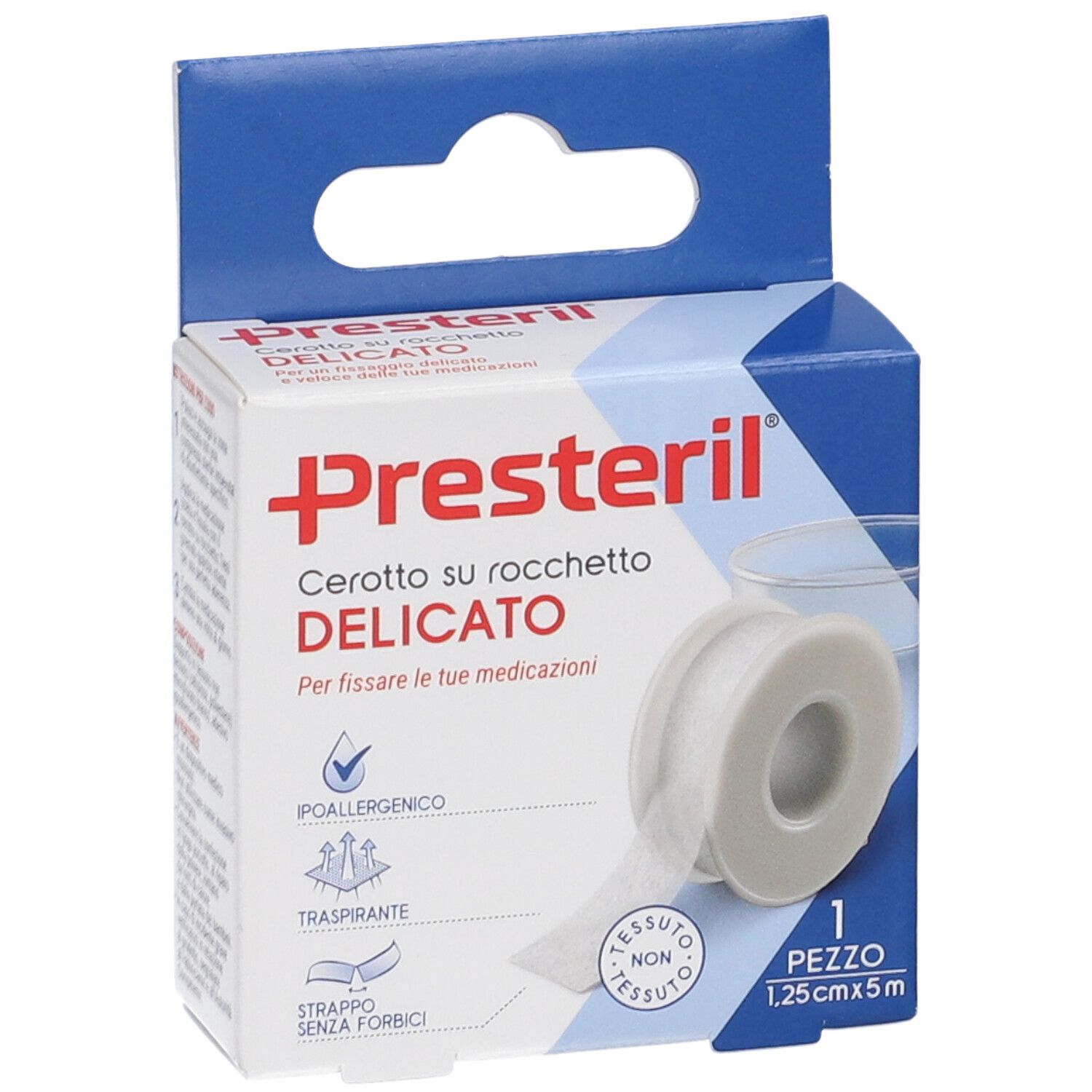Presteril Cerotto su Rocchetto Verpackung. Rolle Pflaster, 1,25cm x 5m. Weißes Pflaster auf Rolle, in Kartonverpackung.