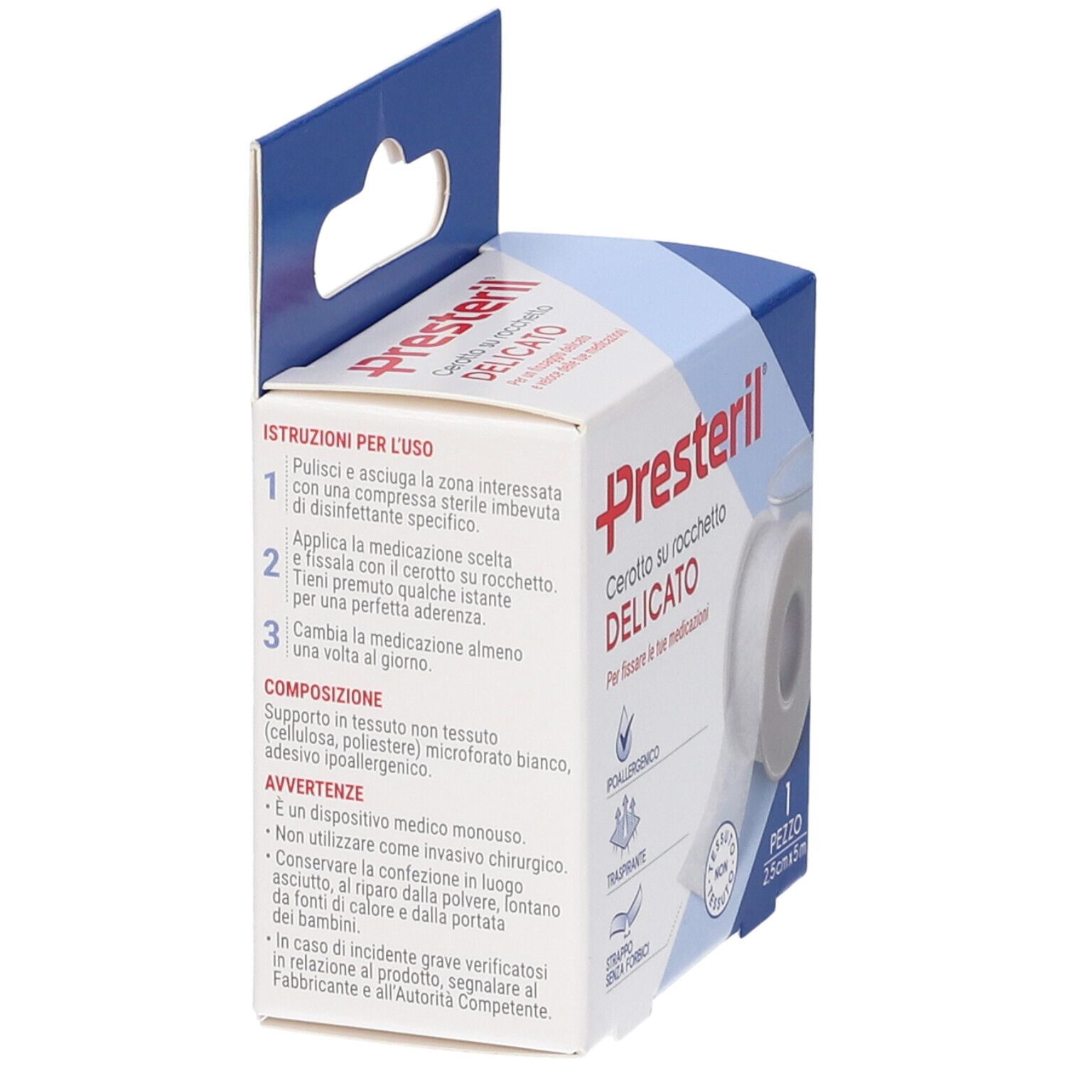 Presteril Delicate Pflaster auf Rolle, latexfrei, hypoallergen, atmungsaktiv, 2,5cm x 5m.