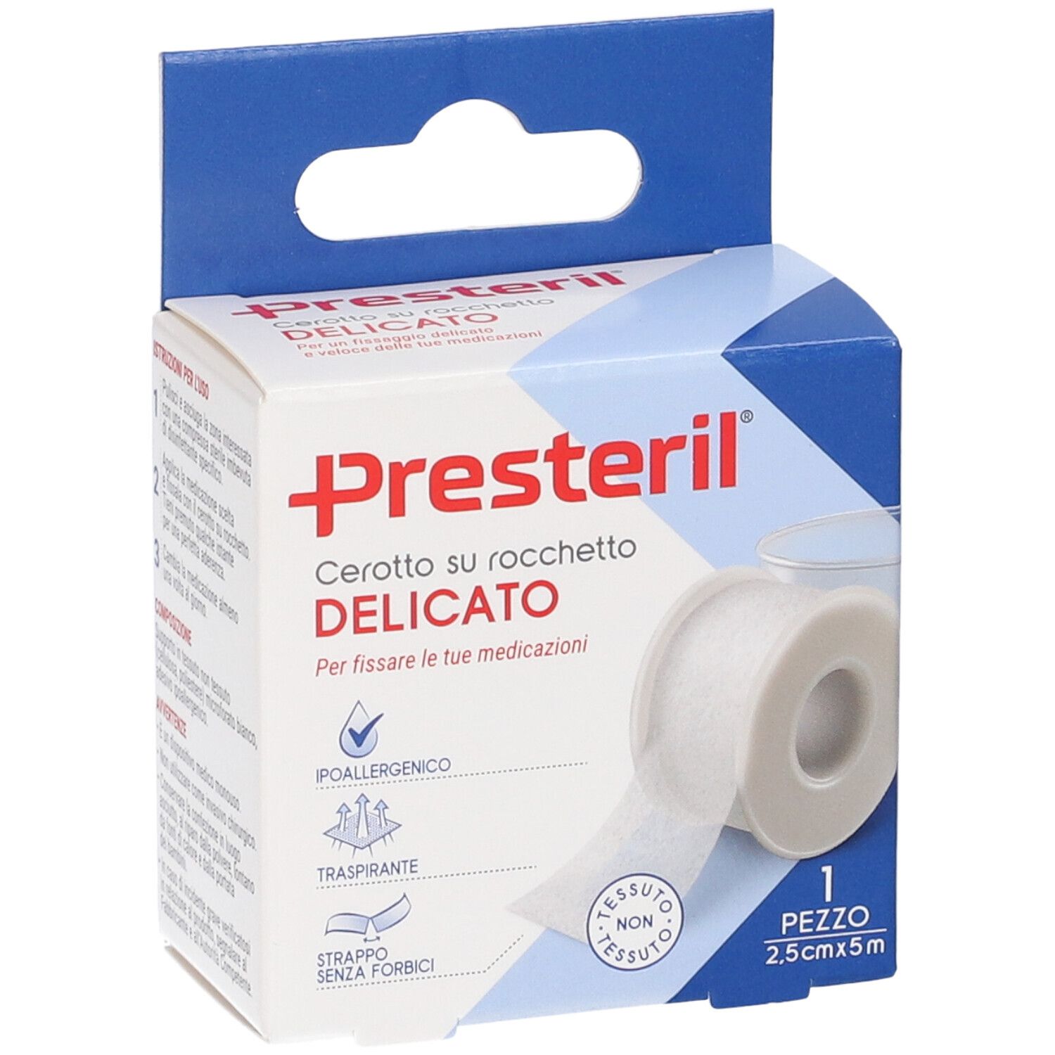 Verpackung Presteril Pflaster, 2,5cm x 5m, hypoallergen und atmungsaktiv.