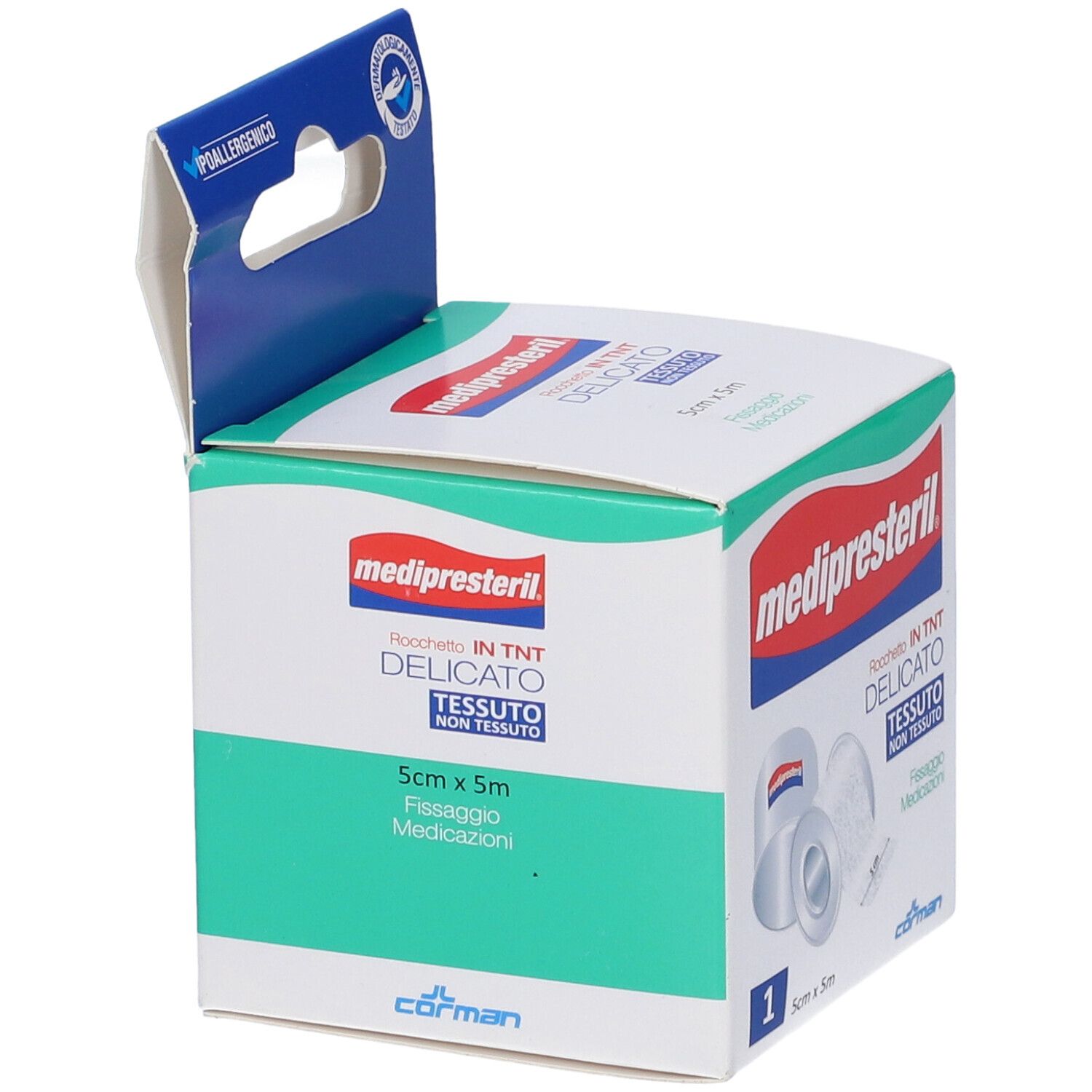 Geöffnete Verpackung mit Rollenverband. Marke: medipresteril. Größe: 5x5cm. Mit Tragegriff. Grün-weiße Verpackung.