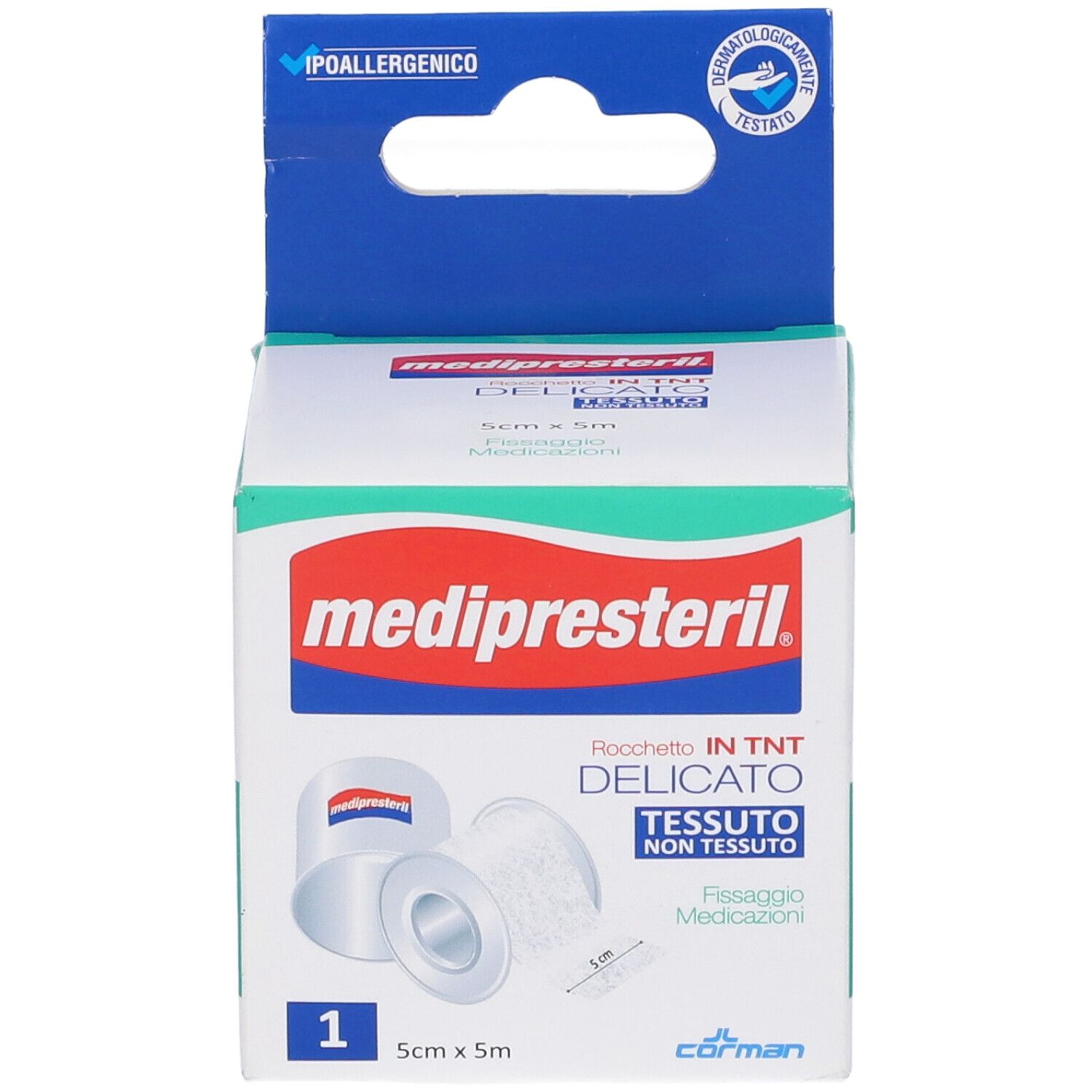 Verpackung mit Rollenverband. Marke: medipresteril. Größe: 5x5cm. Hypoallergen. Dermatologisch getestet. Mit Tragegriff.