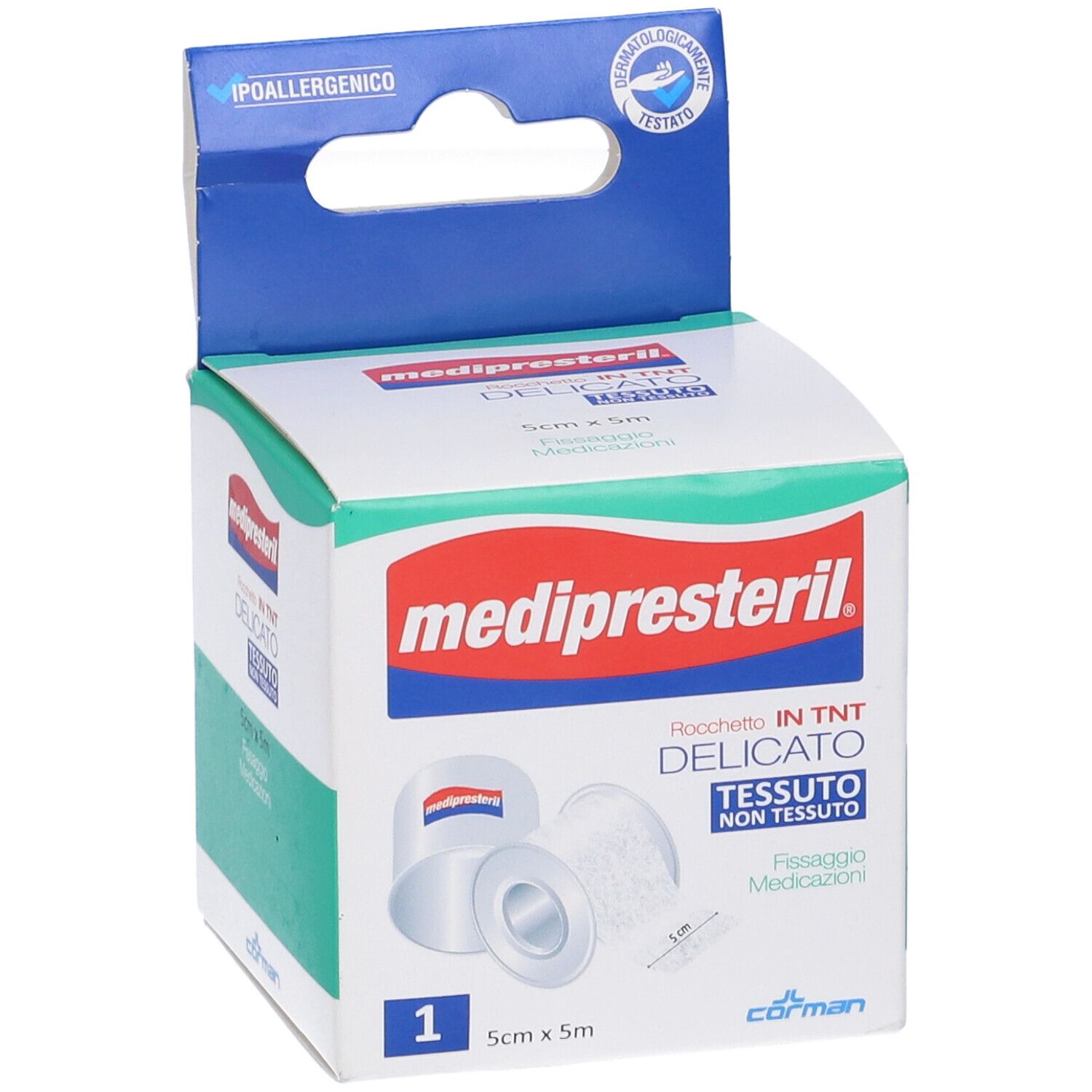 Verpackung mit Rollenverband. Marke: medipresteril. Größe: 5x5cm. Hypoallergen. Dermatologisch getestet. Mit Tragegriff.