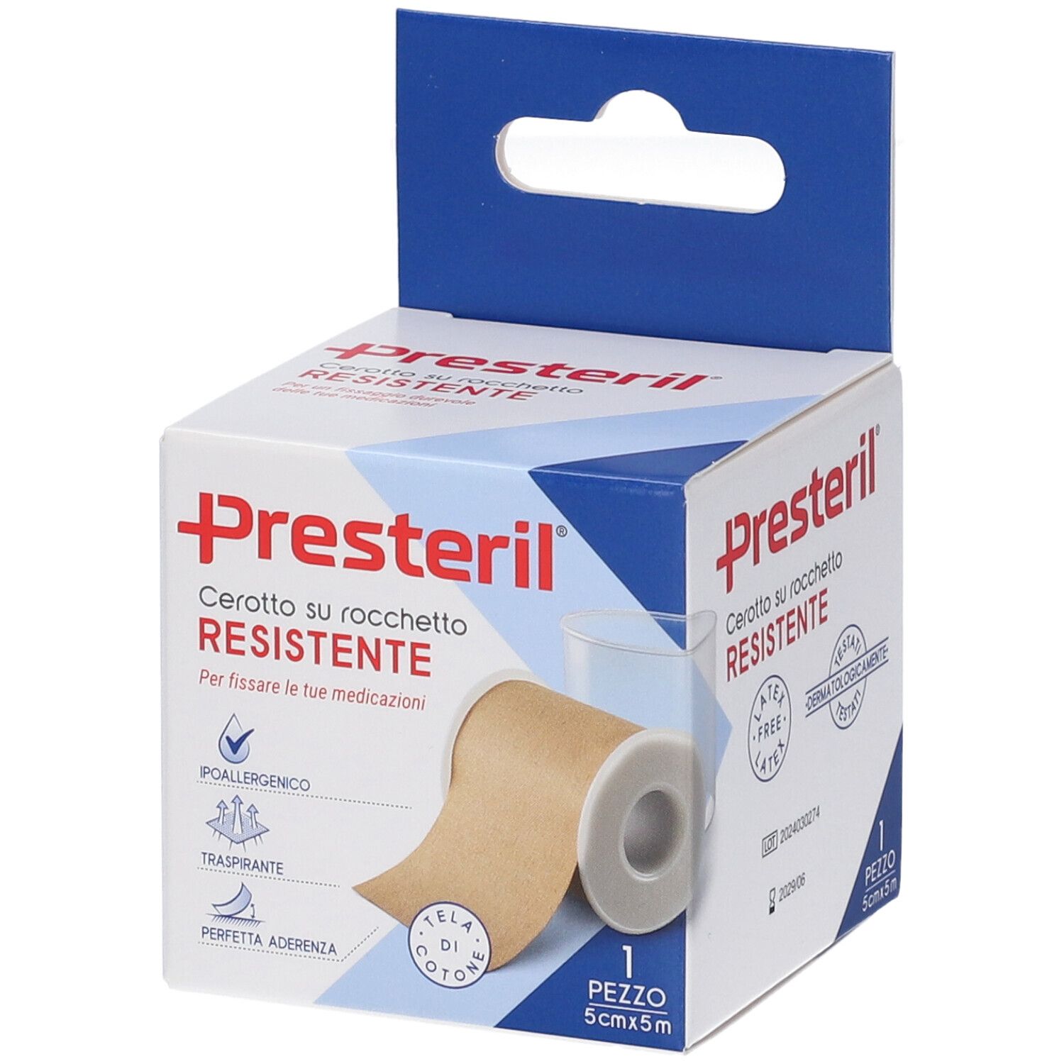 Verpackung mit Rolle Pflaster. Marke Presteril. Text: Cerotto su rocchetto RESISTENTE. 5x500cm. Eigenschaften: hypoallergen, atmungsaktiv, perfekte Haftung.