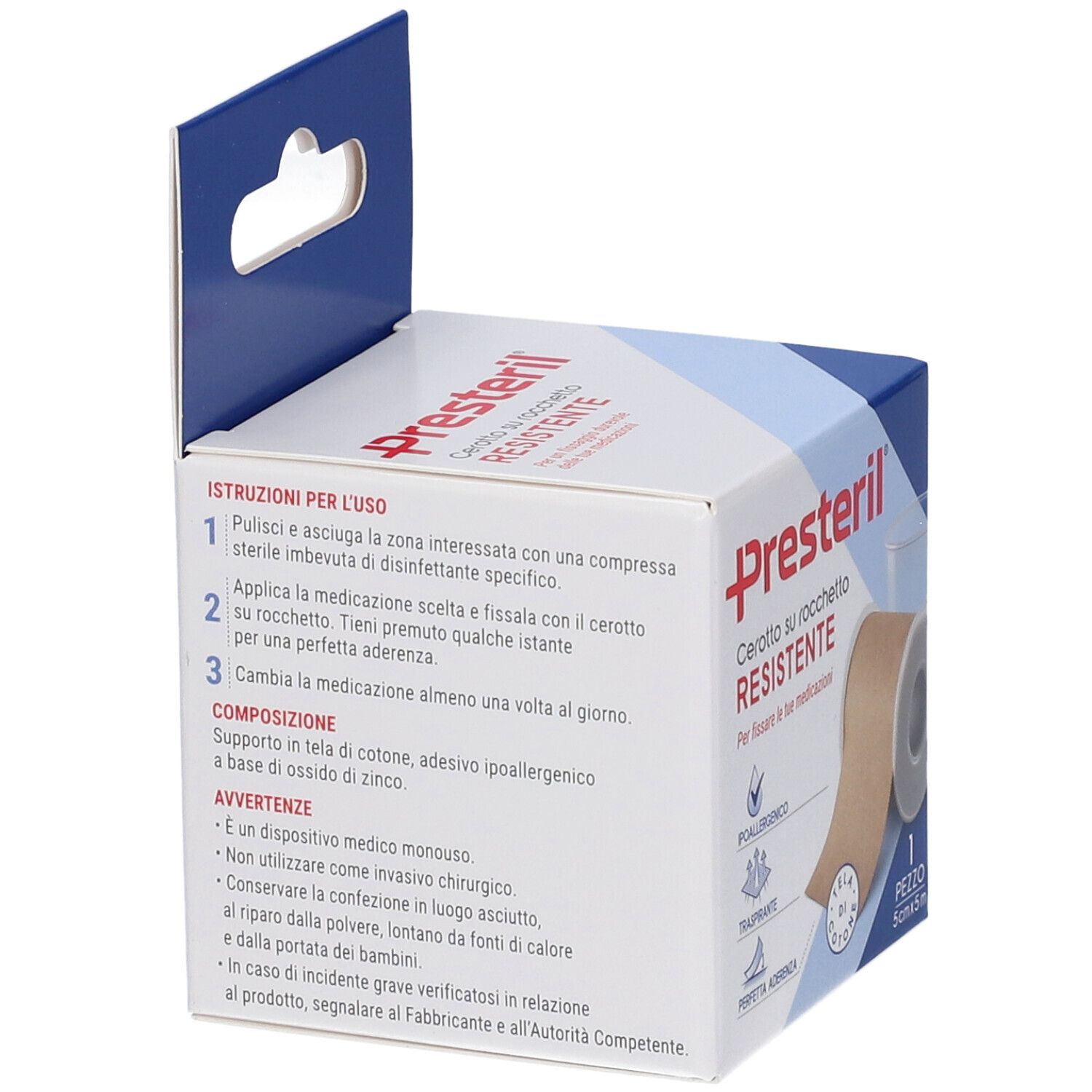 Verpackung Presteril, Pflasterrolle. Text: Cerotto su rocchetto RESISTENTE. Anweisungen und Inhaltsstoffe. Baumwollgewebe, hypoallergener Klebstoff.