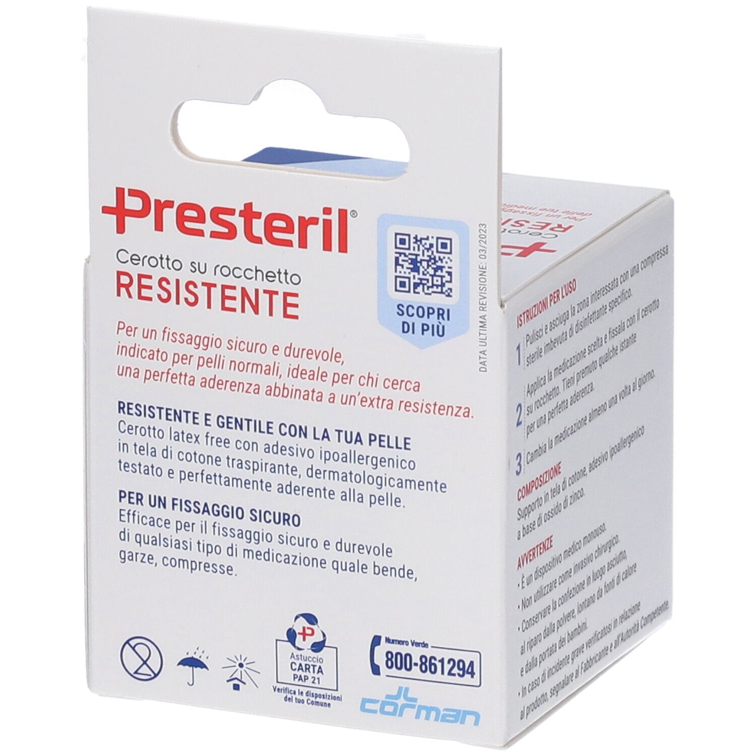 Verpackung Presteril, Pflasterrolle. Text: Cerotto su rocchetto RESISTENTE. QR-Code. Telefonnummer. Informationen zur Haltbarkeit und dermatologisch getestet.