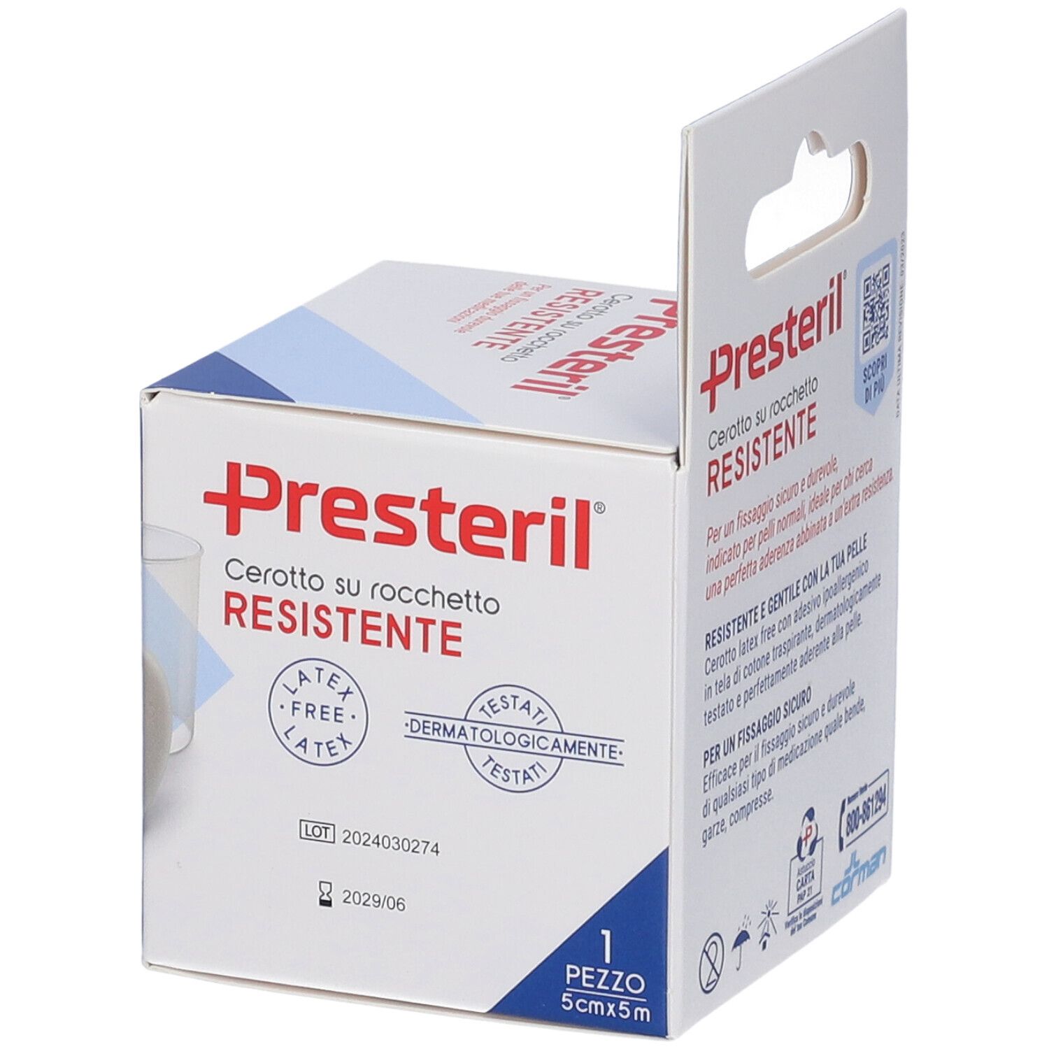 Verpackung Presteril, Pflasterrolle. Text: Cerotto su rocchetto RESISTENTE. 5cm x 5m. Latex-frei. Dermatologisch getestet. Chargennummer und Verfallsdatum.