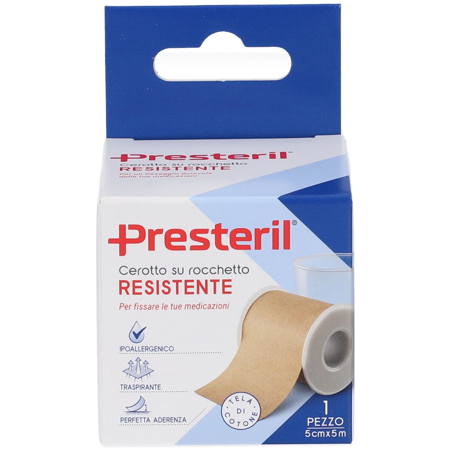 Verpackung Presteril, Pflasterrolle. Text: Cerotto su rocchetto RESISTENTE. 5cm x 5m. Eigenschaften: hypoallergen, atmungsaktiv, perfekte Haftung.