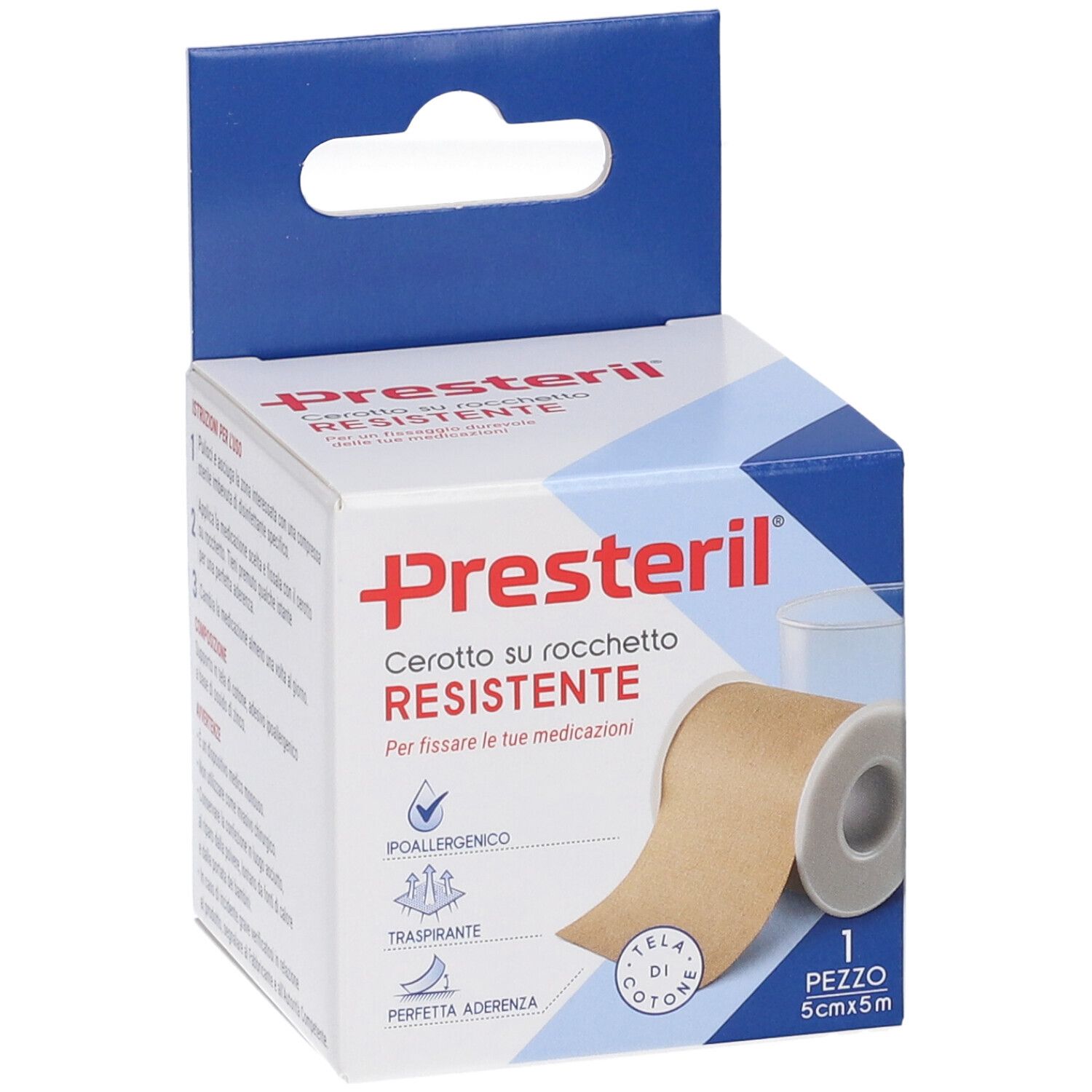 Verpackung Presteril, Pflasterrolle. Text: Cerotto su rocchetto RESISTENTE. 5cm x 5m. Eigenschaften: hypoallergen, atmungsaktiv, perfekte Haftung.