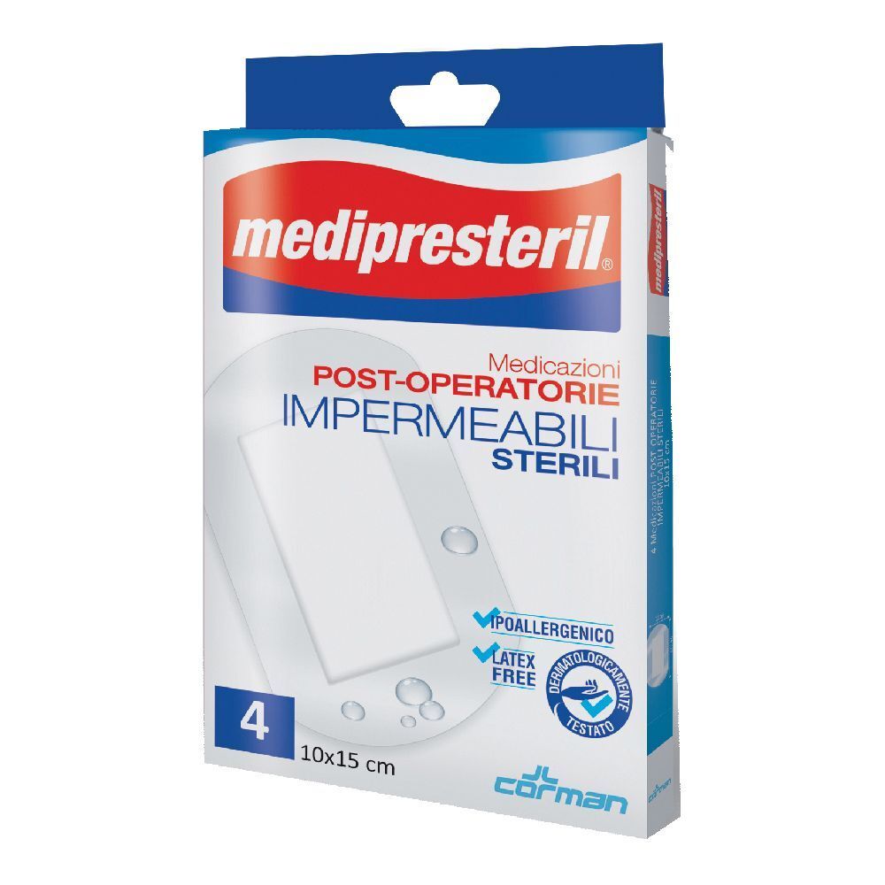 Confezione di mediPresteril 10x15 cm. Contiene 4 medicazioni post-operatorie sterili e impermeabili. Loghi e certificazioni visibili.