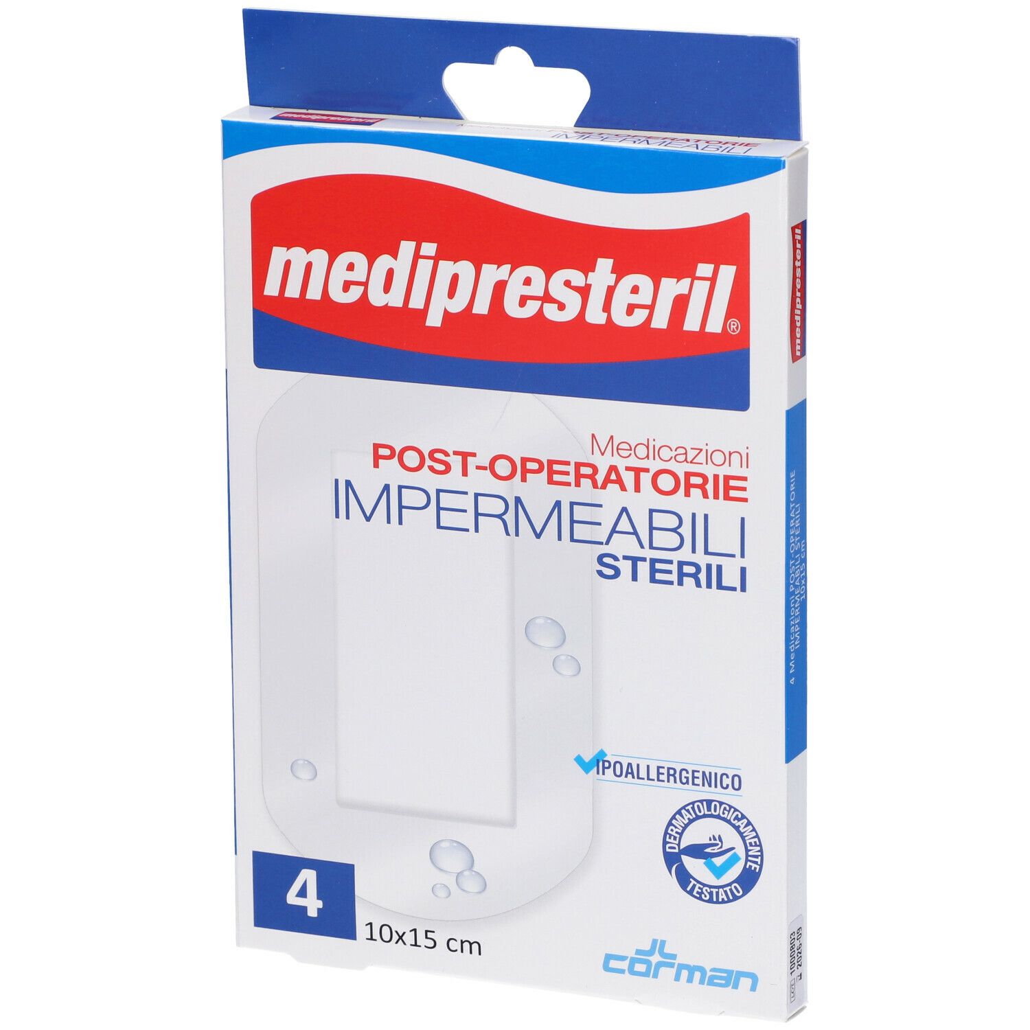 Confezione di mediPresteril 10x15 cm. Contiene 4 medicazioni post-operatorie sterili e impermeabili. Loghi e certificazioni visibili.