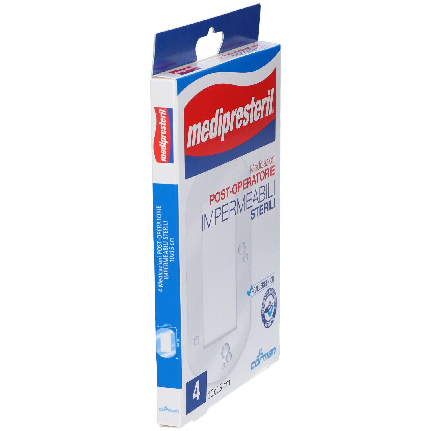Confezione di mediPresteril 10x15 cm. Contiene 4 medicazioni post-operatorie sterili e impermeabili. Loghi e certificazioni visibili.