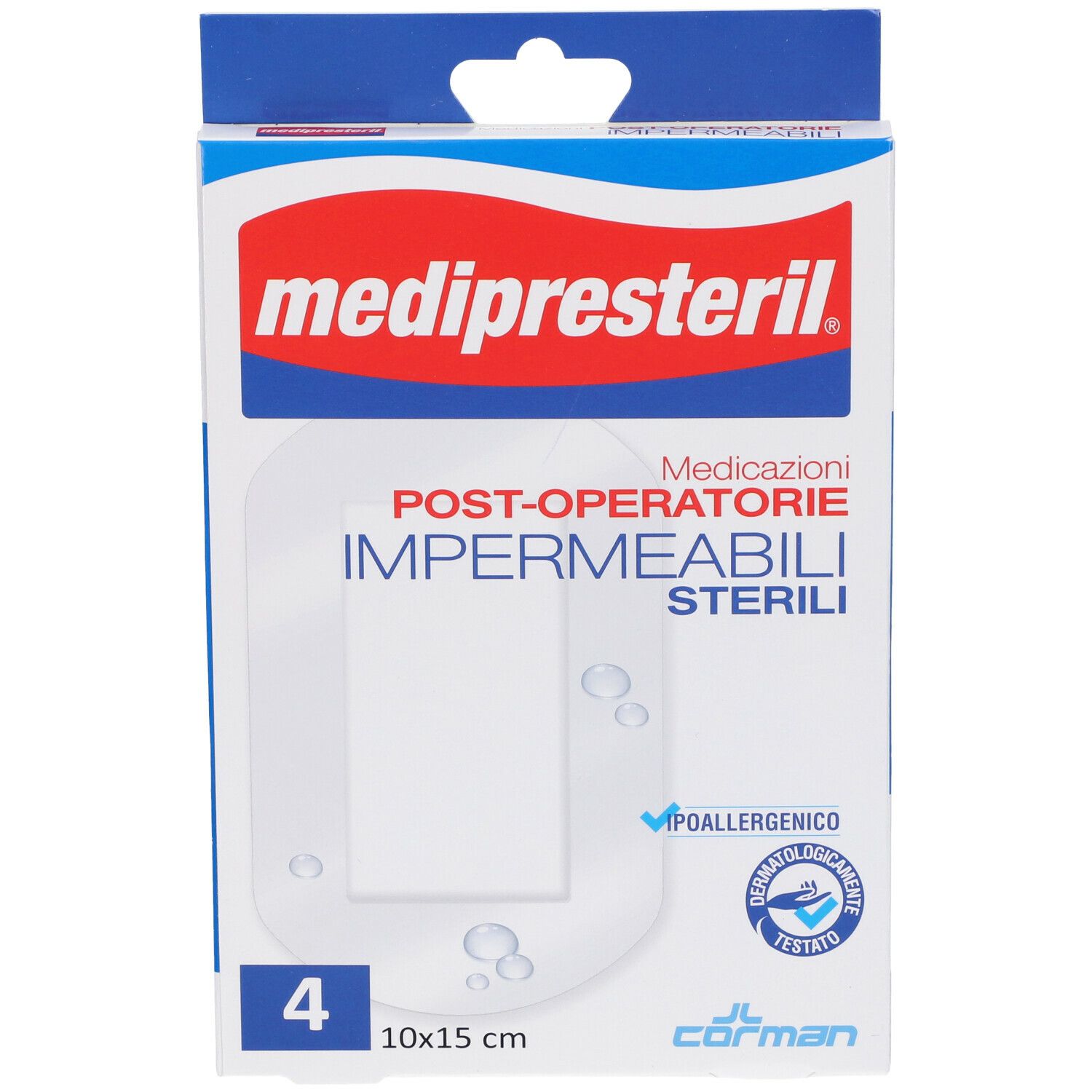 Confezione di mediPresteril 10x15 cm. Contiene 4 medicazioni post-operatorie sterili e impermeabili. Loghi e certificazioni visibili.