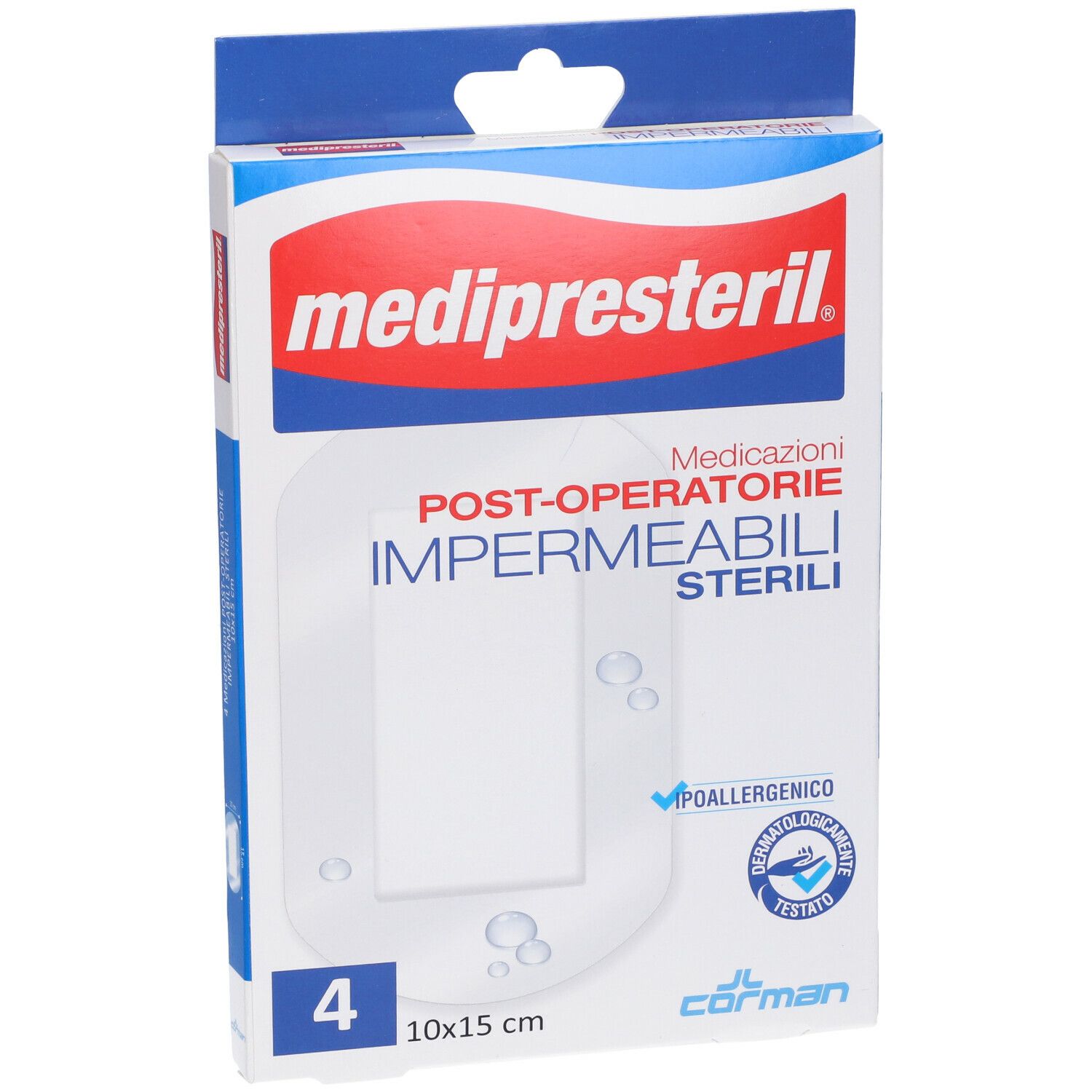 Confezione di mediPresteril 10x15 cm. Contiene 4 medicazioni post-operatorie sterili e impermeabili. Loghi e certificazioni visibili.