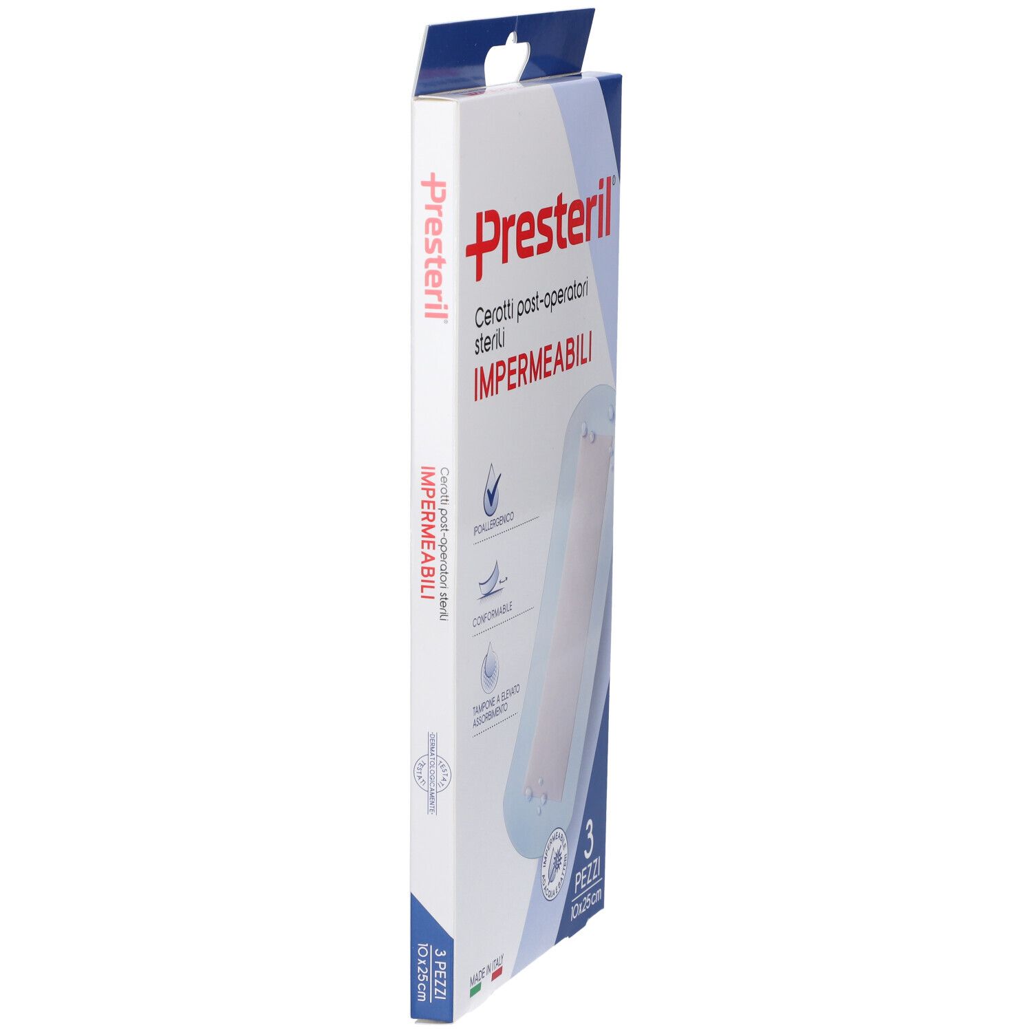 Seitenansicht der Verpackung mit sterilen, wasserdichten Pflastern. Marke Presteril.