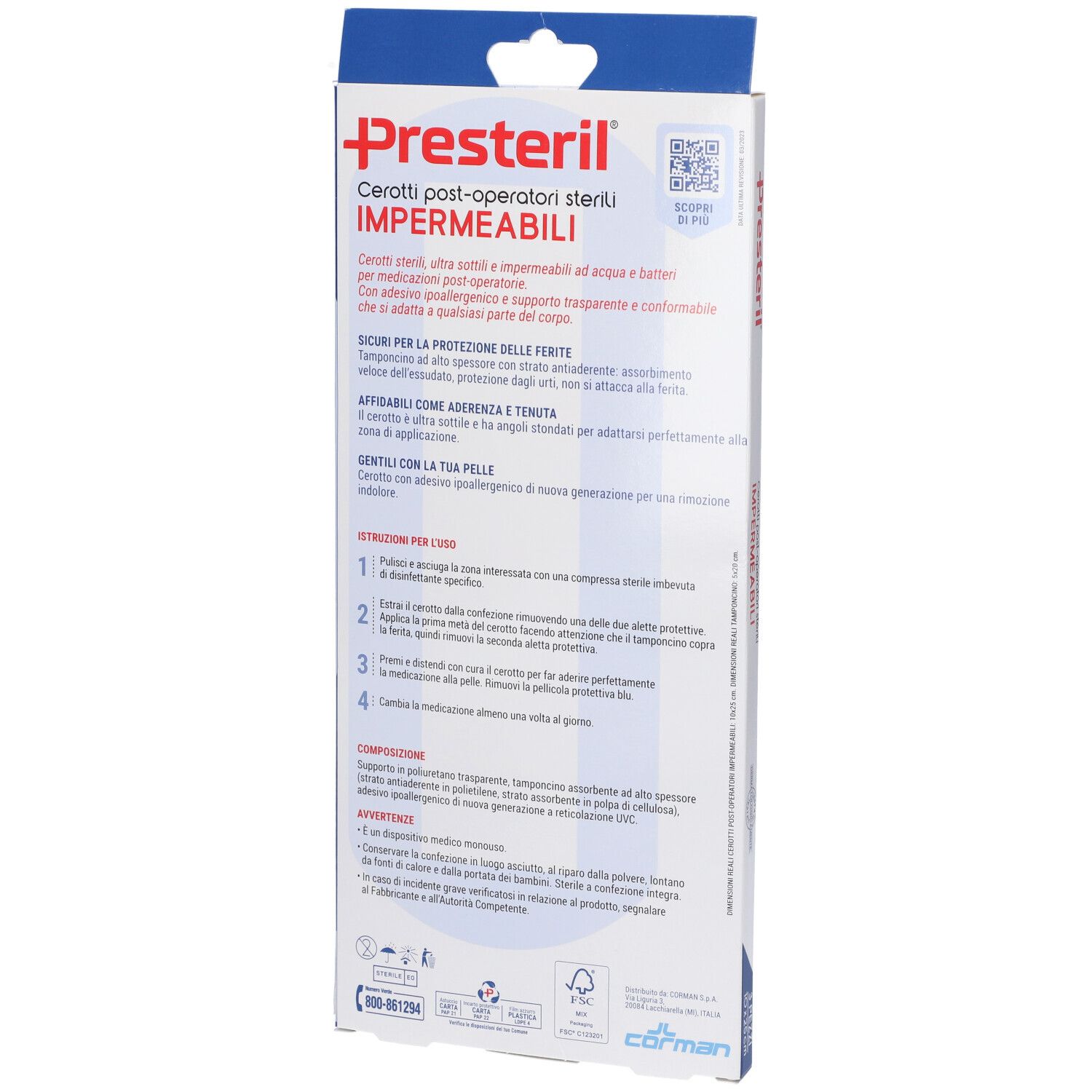 Rückseite der Verpackung mit Informationen zu sterilen Pflastern. Marke Presteril.
