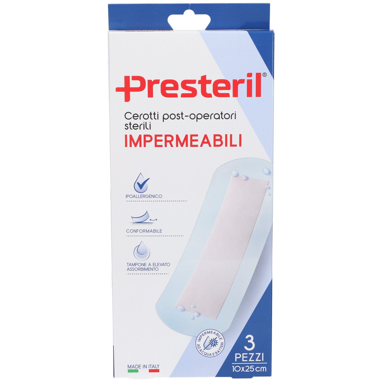 Verpackung mit drei sterilen, wasserdichten Pflastern. Größe 10x25cm. Marke Presteril.