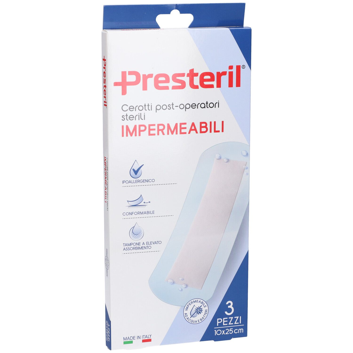 Verpackung mit drei sterilen, wasserdichten Pflastern. Größe 10x25cm. Marke Presteril.