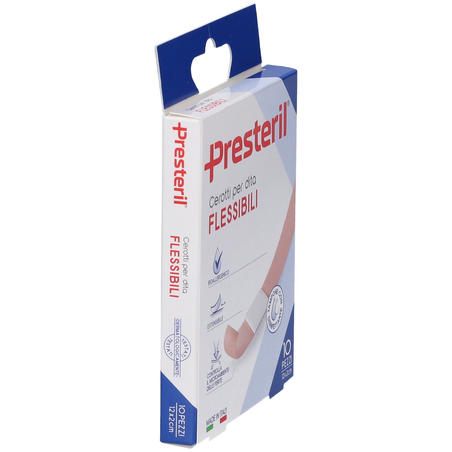 Presteril-Pflaster-Verpackung, Seitenansicht. Produktname und Logo sichtbar. 10 Stück, 12x2cm.