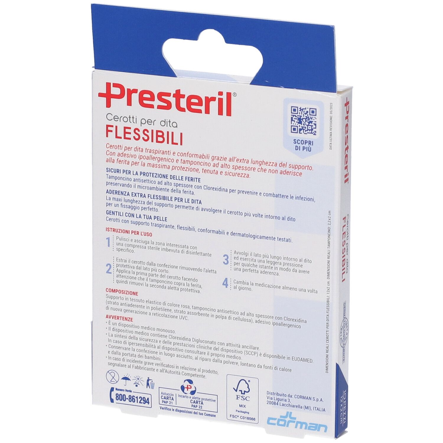 Rückseite der Presteril-Pflaster-Verpackung. Textinformationen und QR-Code. Produktname und Logo.