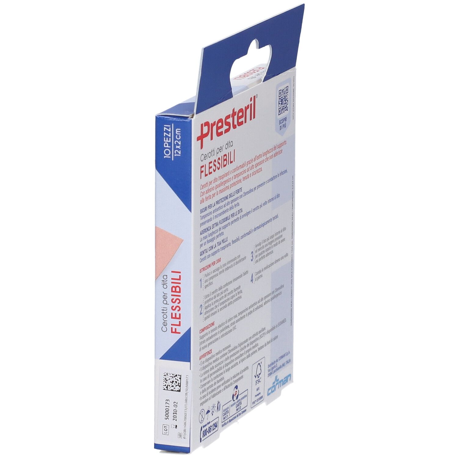 Seitenansicht der Presteril-Pflaster-Verpackung. Produktname und Logo. Text und Informationen.