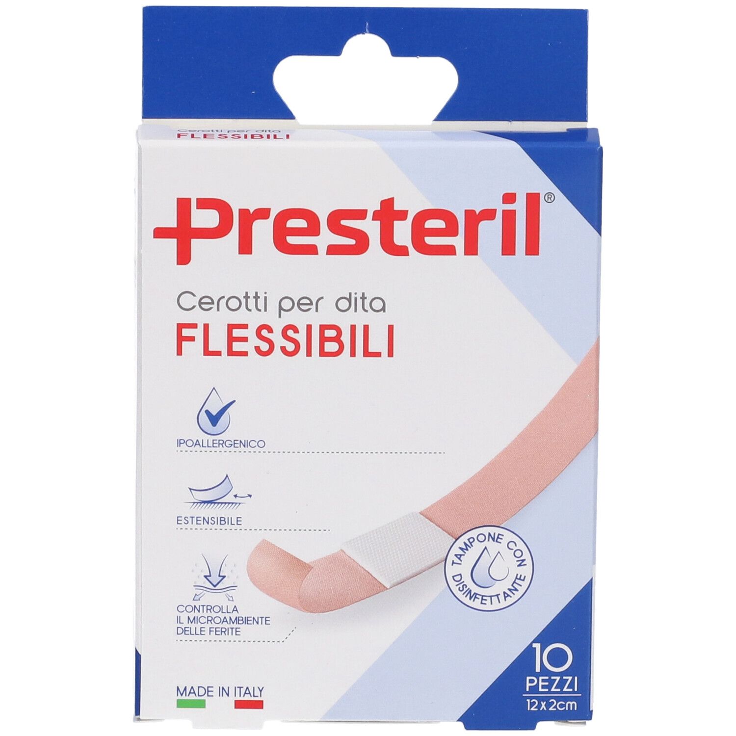 Presteril-Pflaster-Verpackung. Produktname und Logo. 10 Stück, 12x2cm. Illustration eines Fingers mit Pflaster.