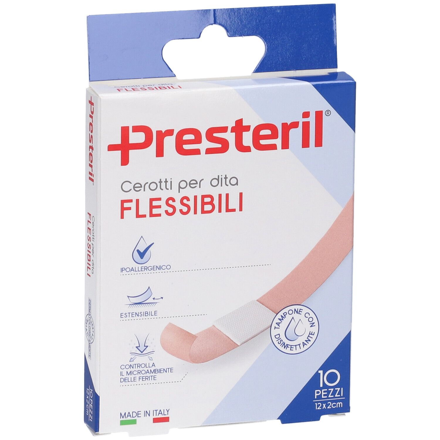 Presteril-Pflaster-Verpackung. Produktname und Logo. 10 Stück, 12x2cm. Illustration eines Fingers mit Pflaster.