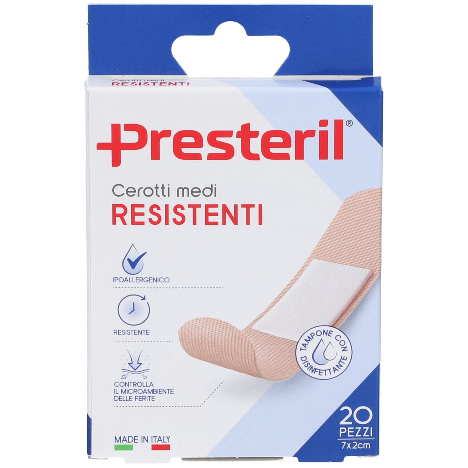 Confezione di cerotti Presteril. "Cerotti medi RESISTENTI". 20 pezzi, 7x2cm. Illustrazione di un cerotto.