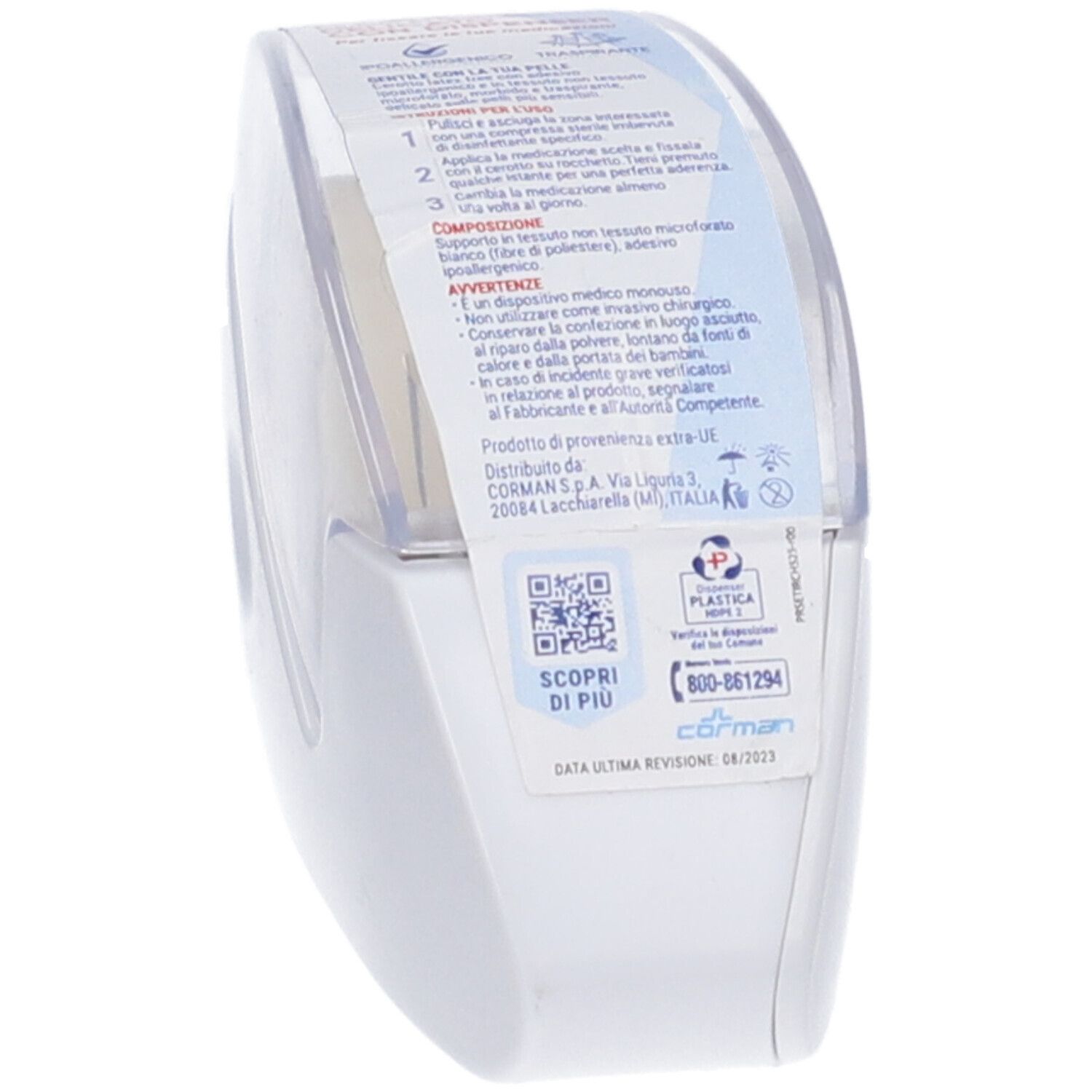 Weißer Spender mit transparentem Deckel. Aufkleber mit Text und QR-Code. Marke: Corman.