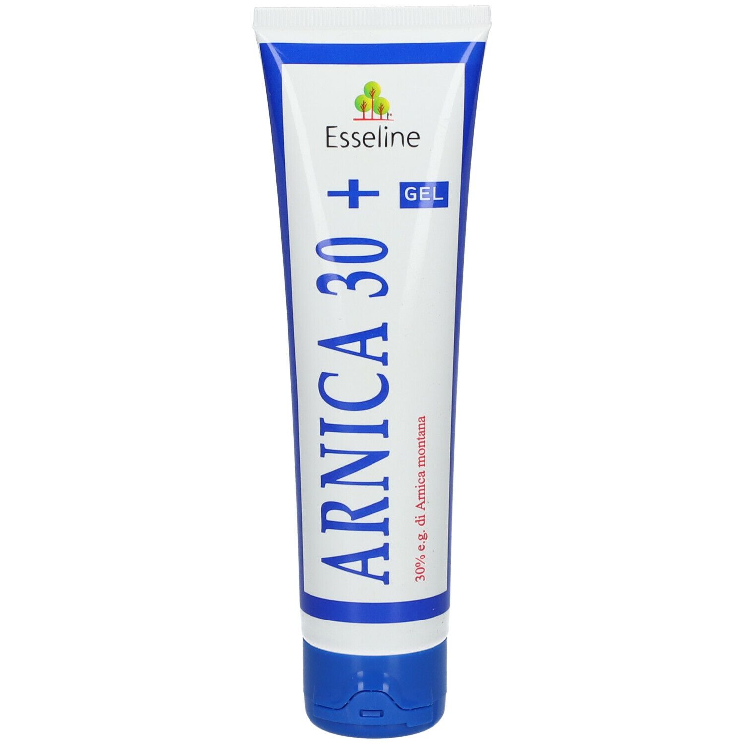 Tubo bianco e blu. Scritta: Arnica 30+ Gel. Marchio EsseLine.