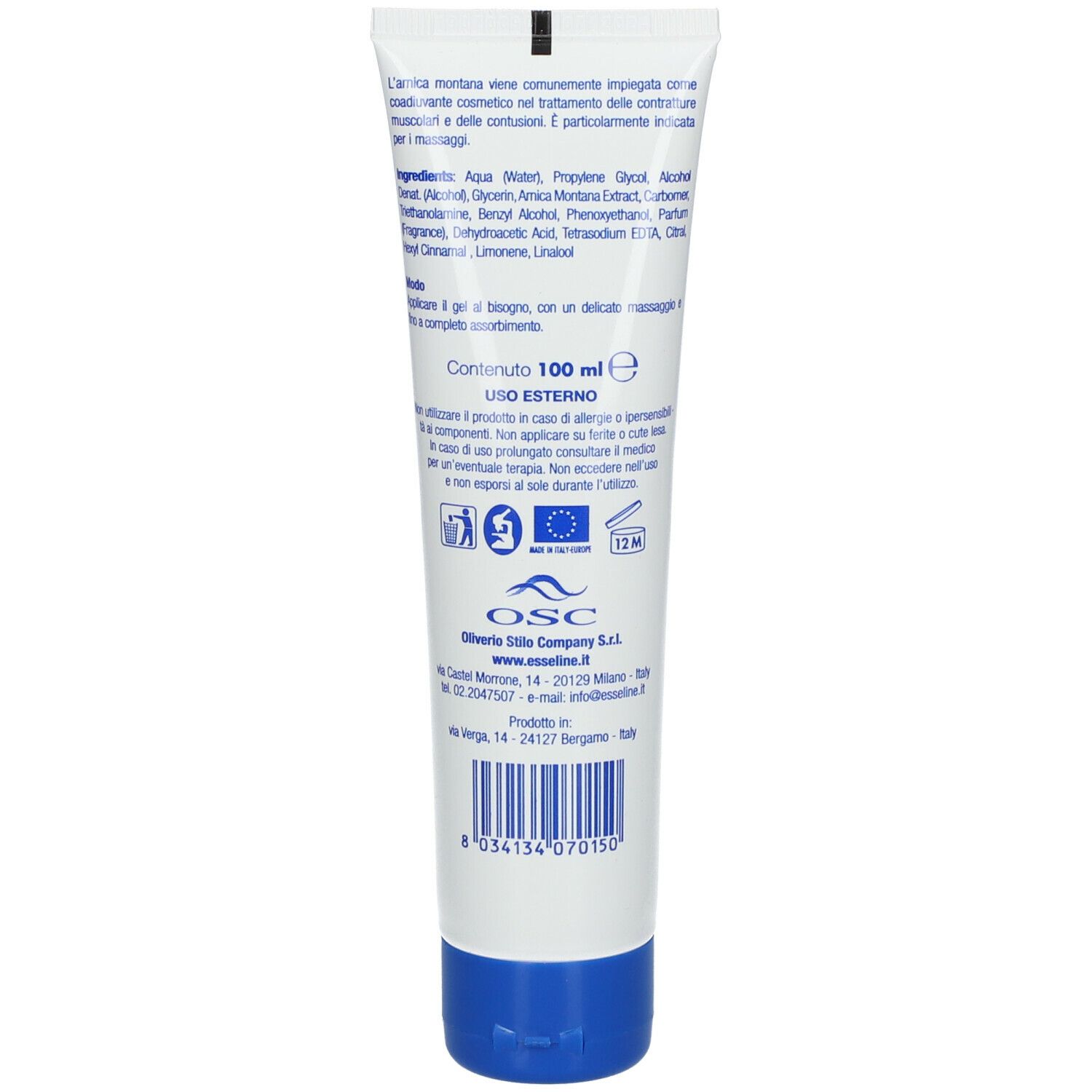 Retro di un tubo bianco e blu. Testo in italiano. Ingredienti e informazioni.
