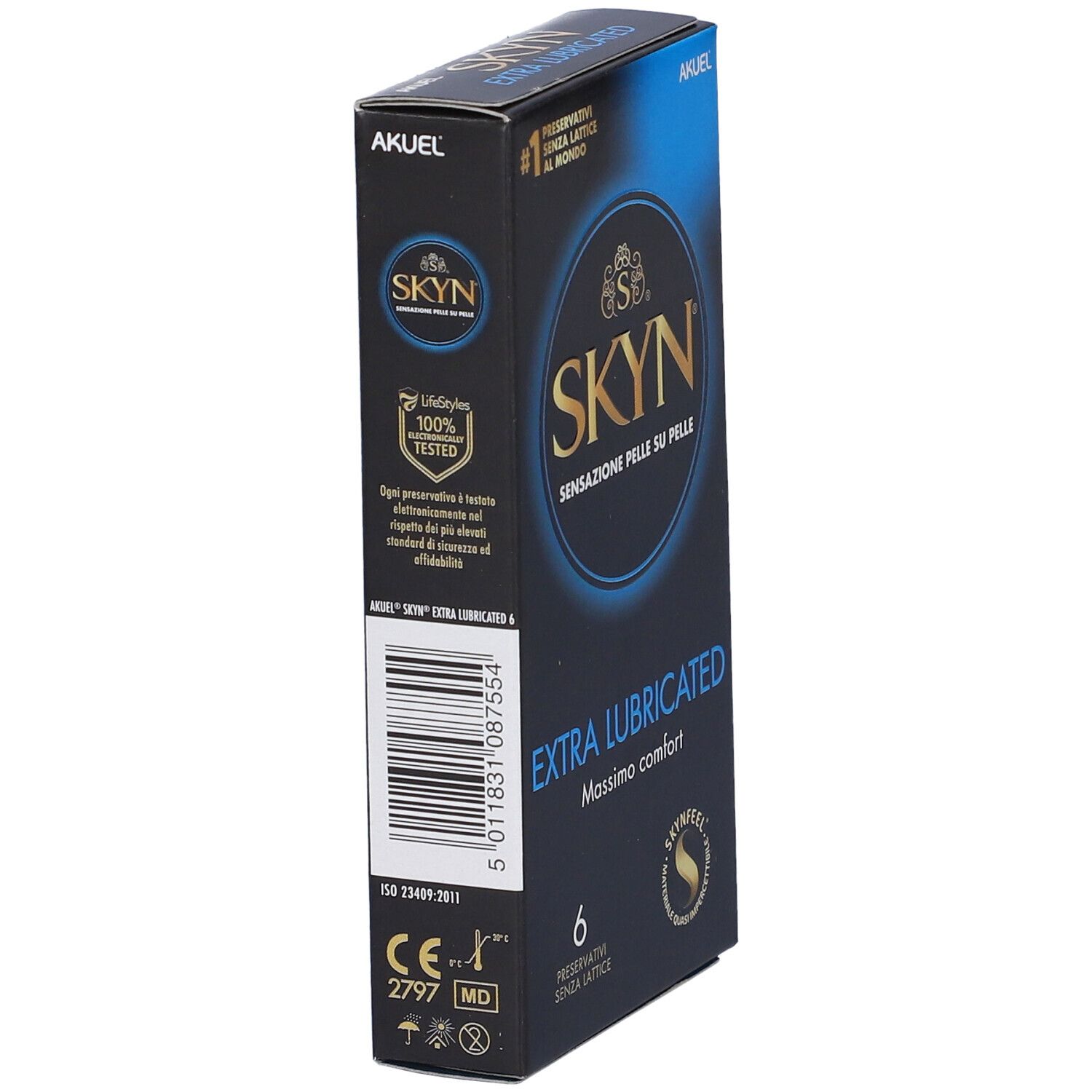 Packung SKYN EXTRA LUBRICATED Kondome, 6 Stück.