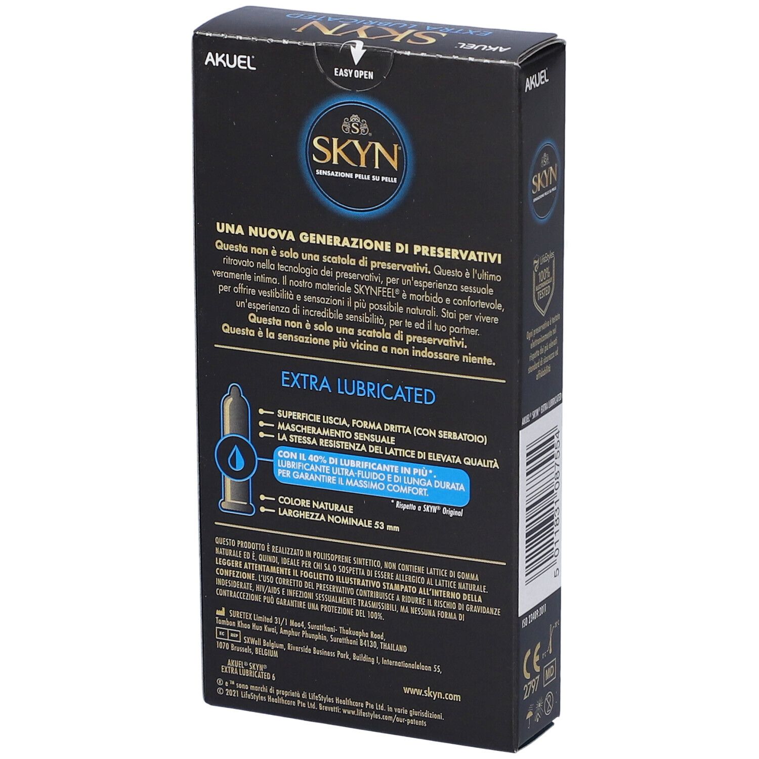 Packung SKYN EXTRA LUBRICATED Kondome, 6 Stück.