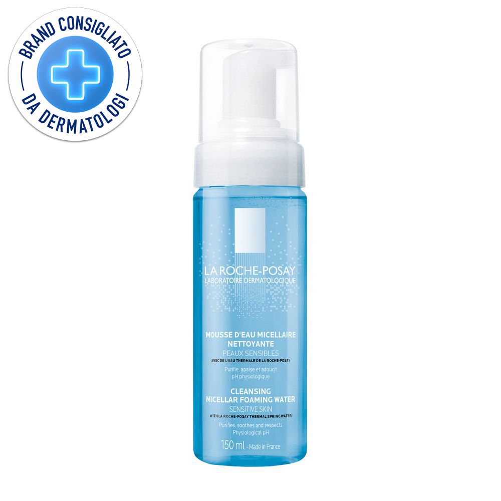 Flacone blu di Mousse d'eau micellaire nettoyante La Roche-Posay. Testina bianca. Etichetta: Brand Consigliato da Dermatologi.