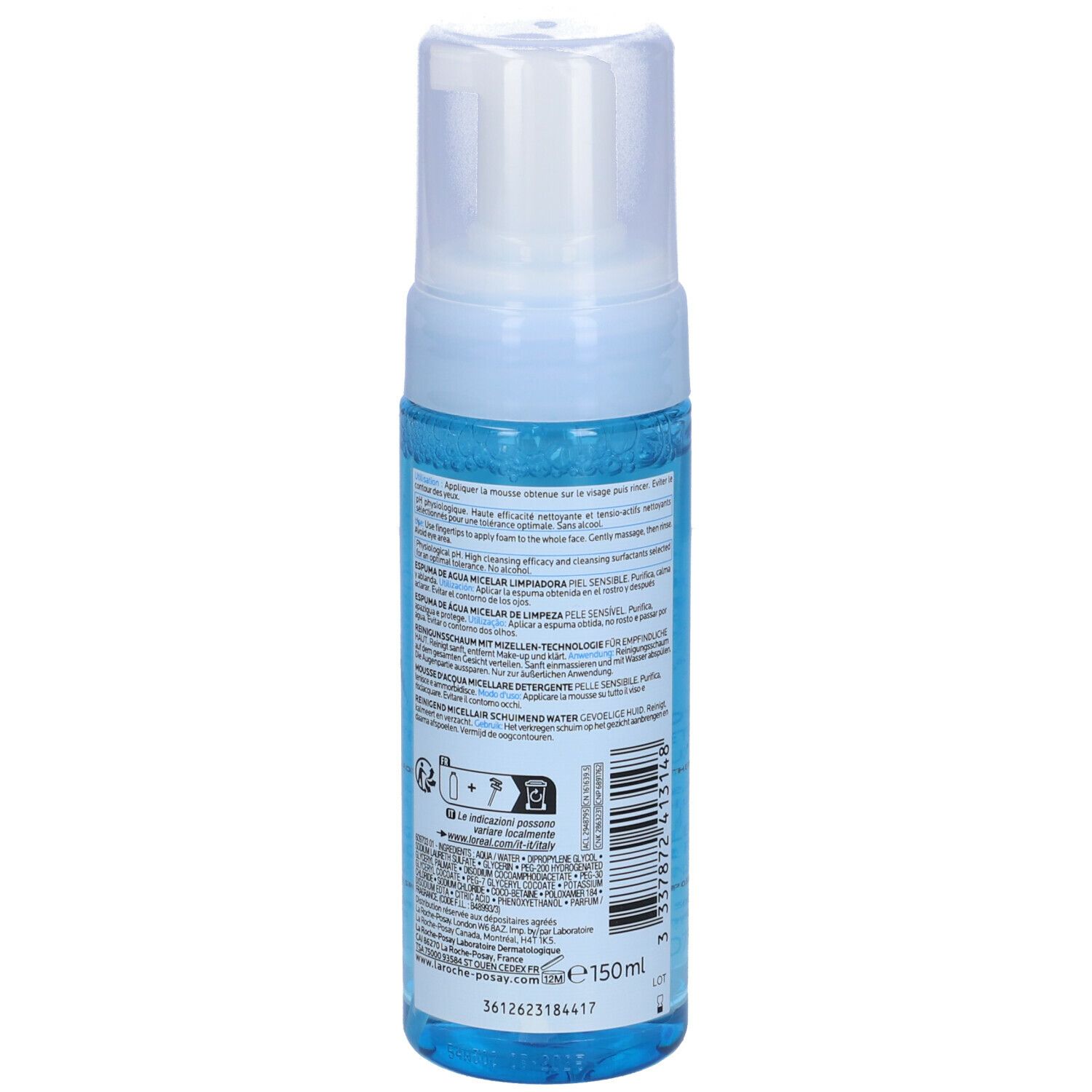 Flacone blu di Mousse d'eau micellaire nettoyante La Roche-Posay. Testina bianca. Retro con informazioni e codice a barre.