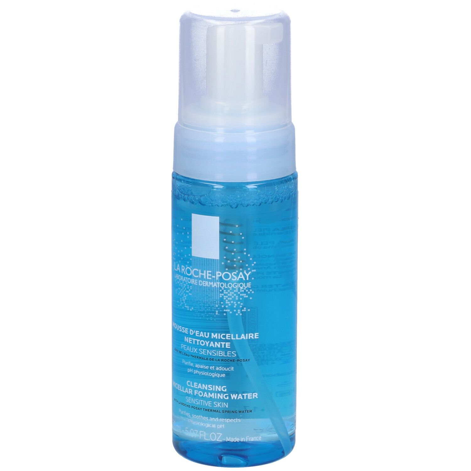 Flacone blu di Mousse d'eau micellaire nettoyante La Roche-Posay. Testina bianca. Scritta: Mousse d'eau micellaire nettoyante.
