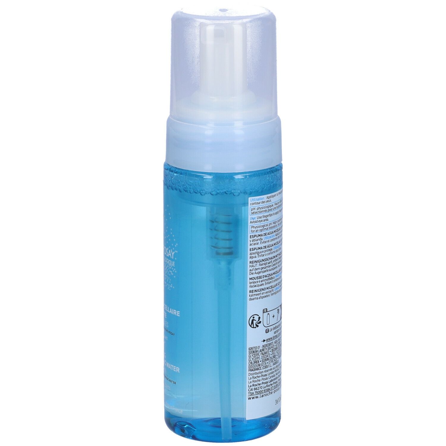 Flacone blu di Mousse d'eau micellaire nettoyante La Roche-Posay. Testina bianca. Retro con informazioni.