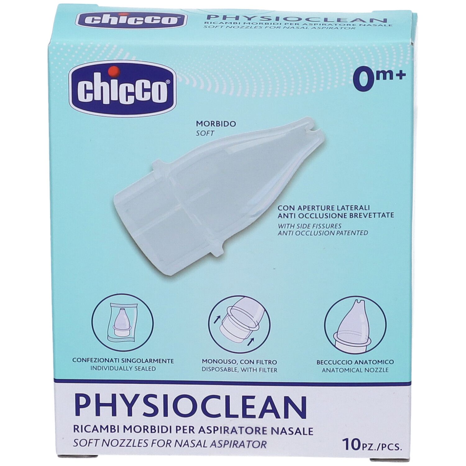Verpackung mit 10 weichen Nasenaufsätzen. Marke Chicco, Produktname PhysioClean. Einzeln versiegelt, anatomische Düse.
