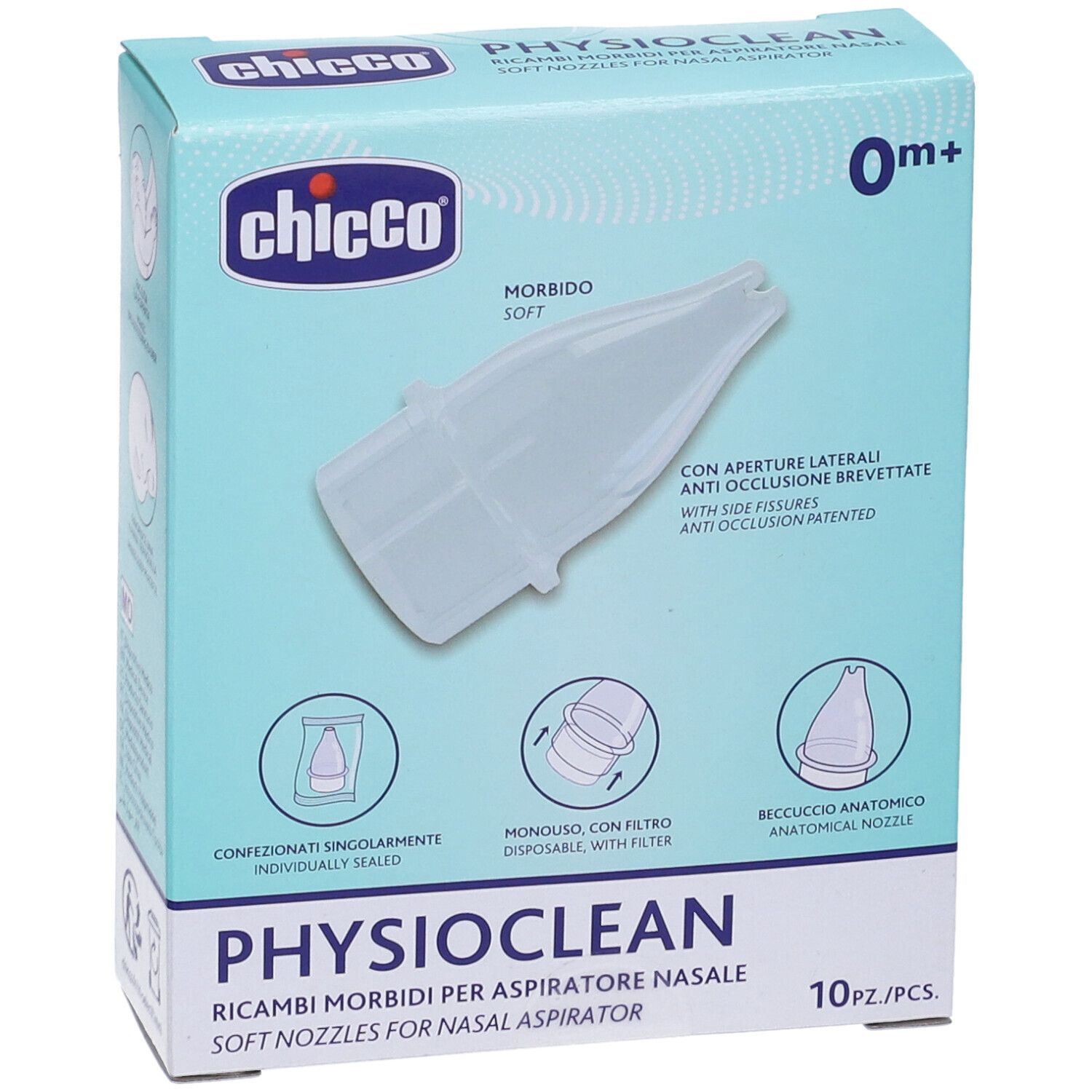 Verpackung mit 10 weichen Nasenaufsätzen. Marke Chicco, Produktname PhysioClean. Einzeln versiegelt, anatomische Düse.