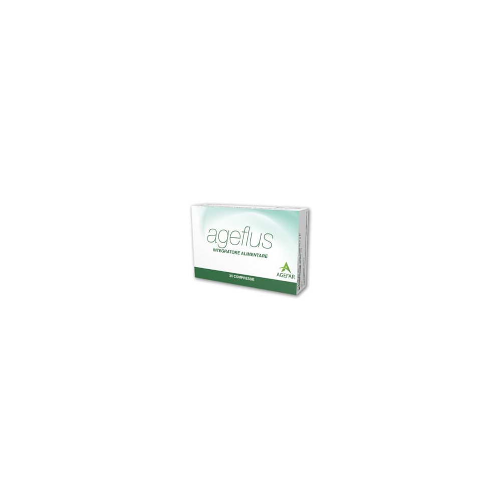 Scatola Ageflus. Bianca, verde. Scritta: ageflus, integratore alimentare. 30 compresse. Logo Alfasigma.