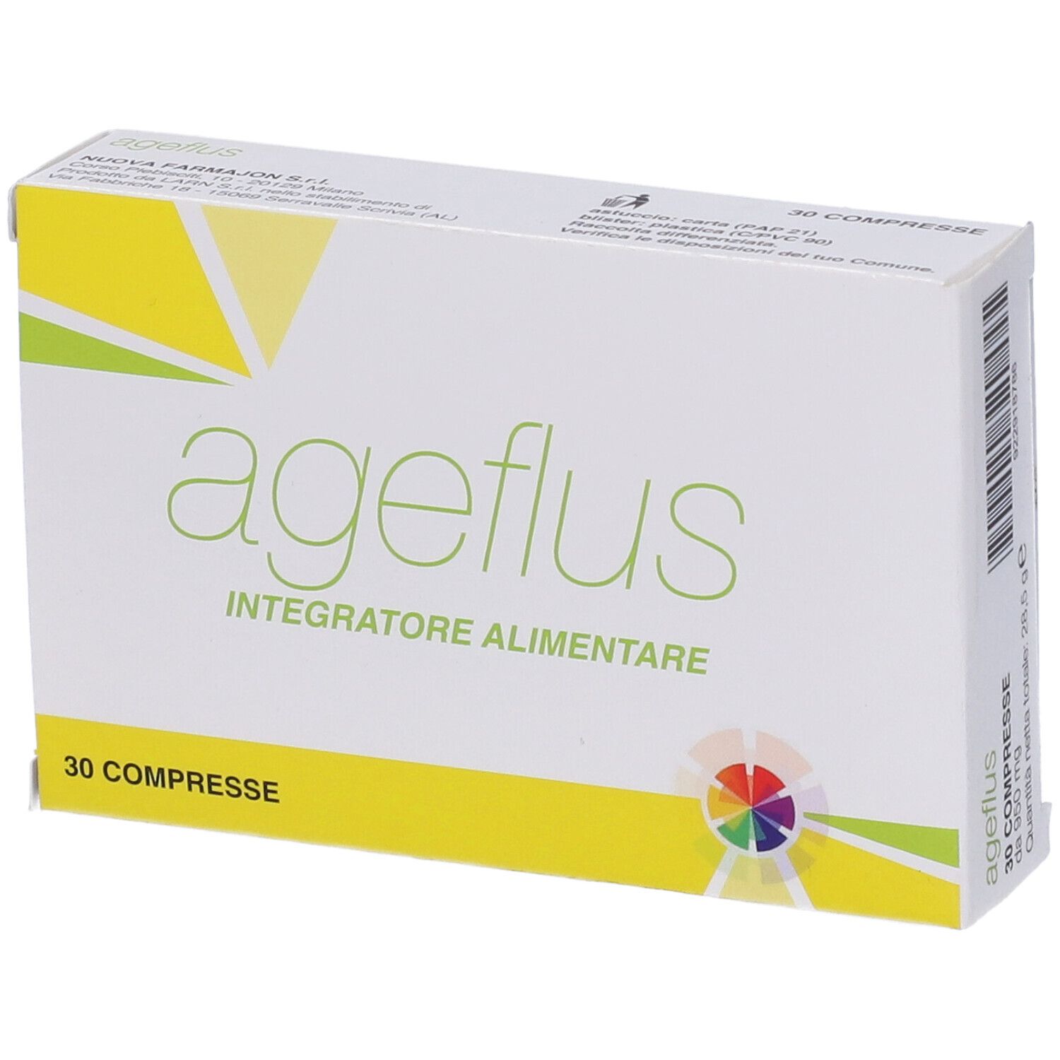 Scatola Ageflus. Bianco, giallo. Scritta: ageflus, integratore alimentare. 30 compresse. Cerchio colorato.
