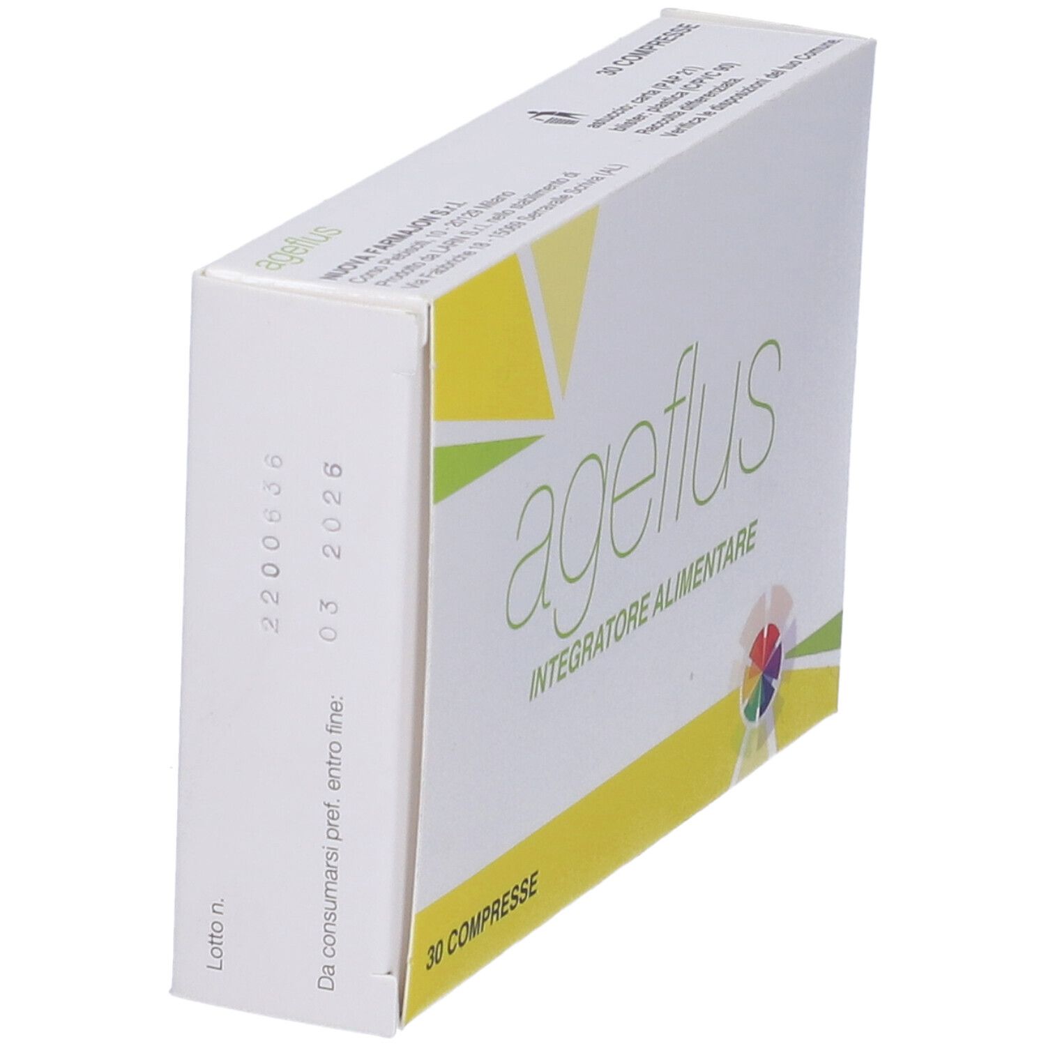 Scatola Ageflus. Bianco, giallo. Scritta: ageflus, integratore alimentare. 30 compresse. Cerchio colorato. Vista laterale.