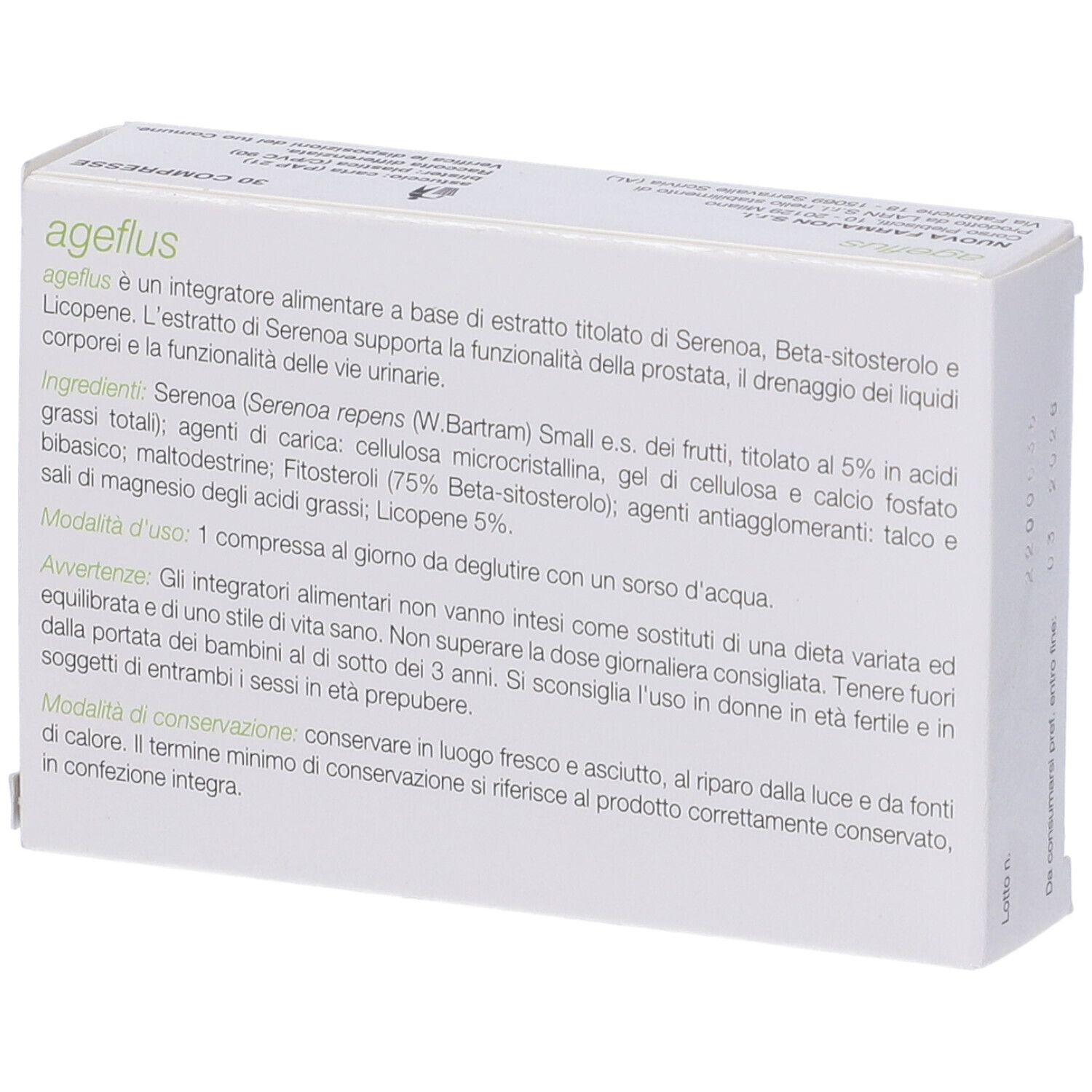 Scatola Ageflus. Retro con testo. Ingredienti, istruzioni per l'uso, avvertenze. 30 compresse.
