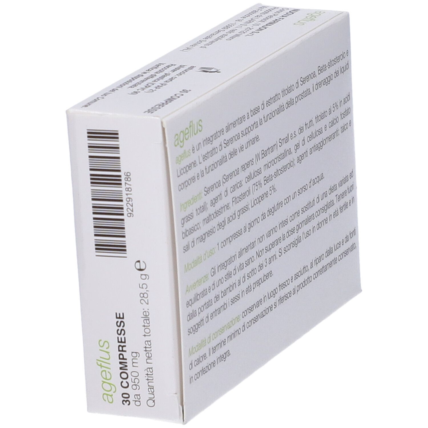 Scatola Ageflus. Retro con testo e codice a barre. Ingredienti, avvertenze. 30 compresse. 28,5 g.