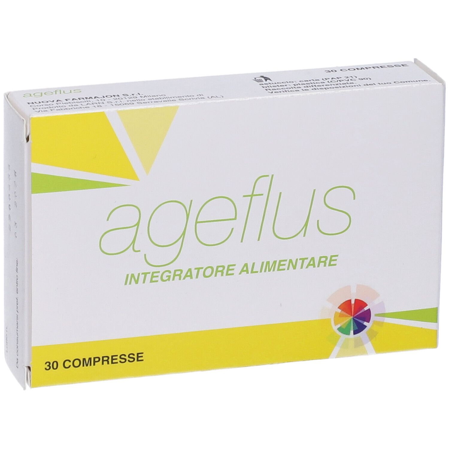 Scatola Ageflus. Bianco, giallo. Scritta: ageflus, integratore alimentare. 30 compresse. Cerchio colorato.
