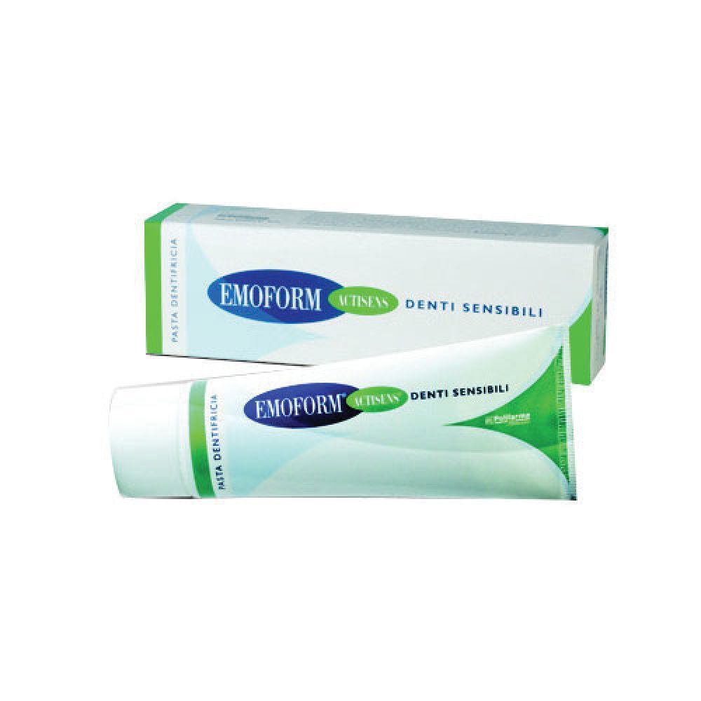 Tubo e scatola di dentifricio. Scritta EMOFORM Actisens Denti Sensibili. Design verde e bianco.
