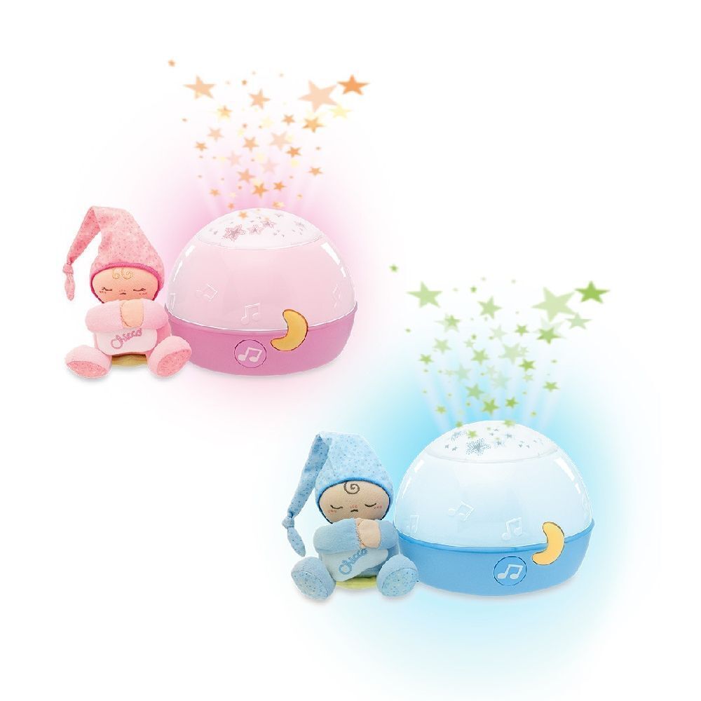 Due luci notturne per bambini con proiezione. Rosa e blu, con proiezione di stelle. Ognuna ha un peluche. Simbolo luna e note musicali.